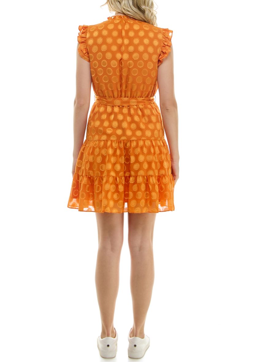 Womens Flutter Sleeve V-Neck Belted Burnout Dot Fit and Flare Dress