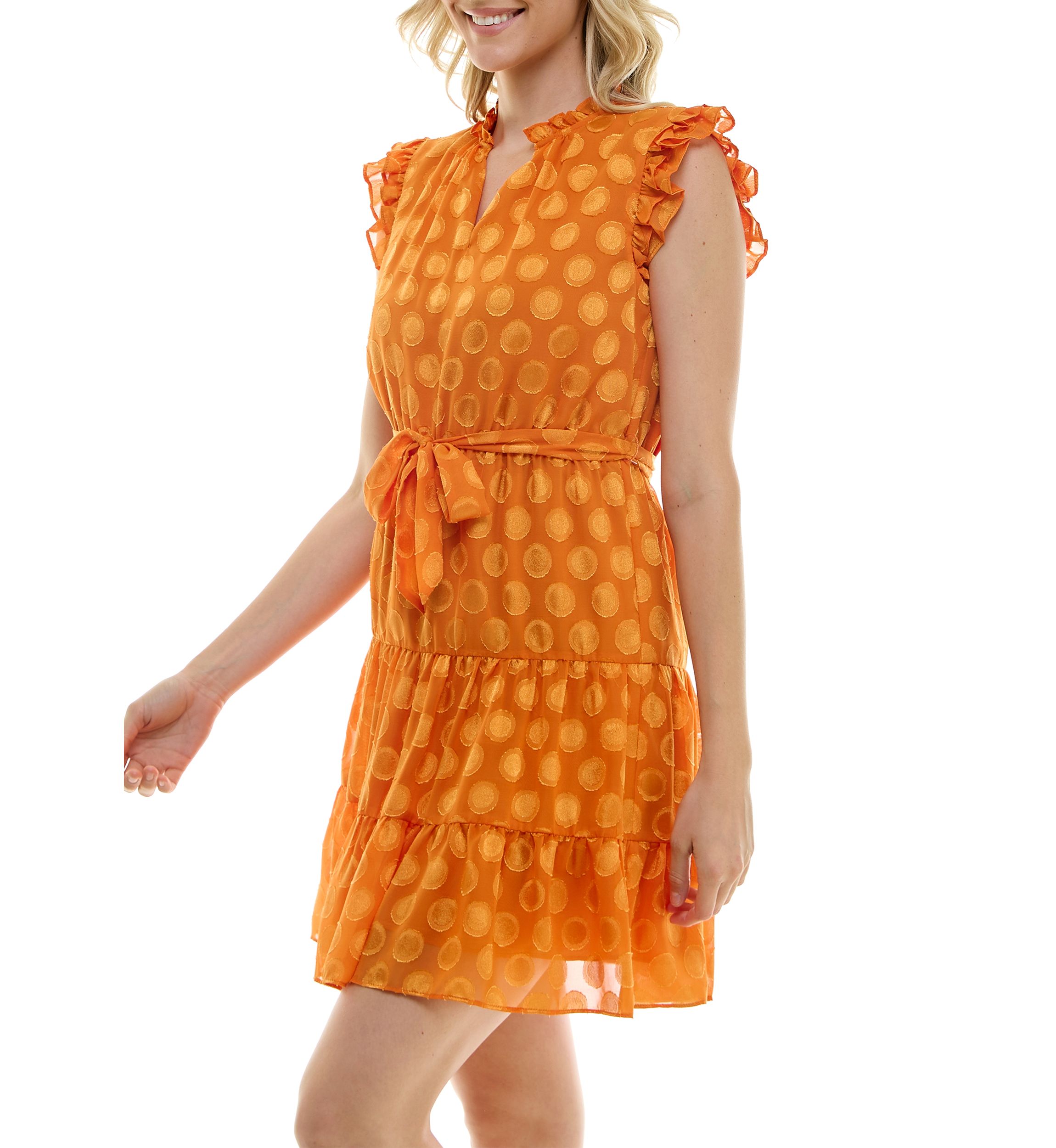 Womens Flutter Sleeve V-Neck Belted Burnout Dot Fit and Flare Dress