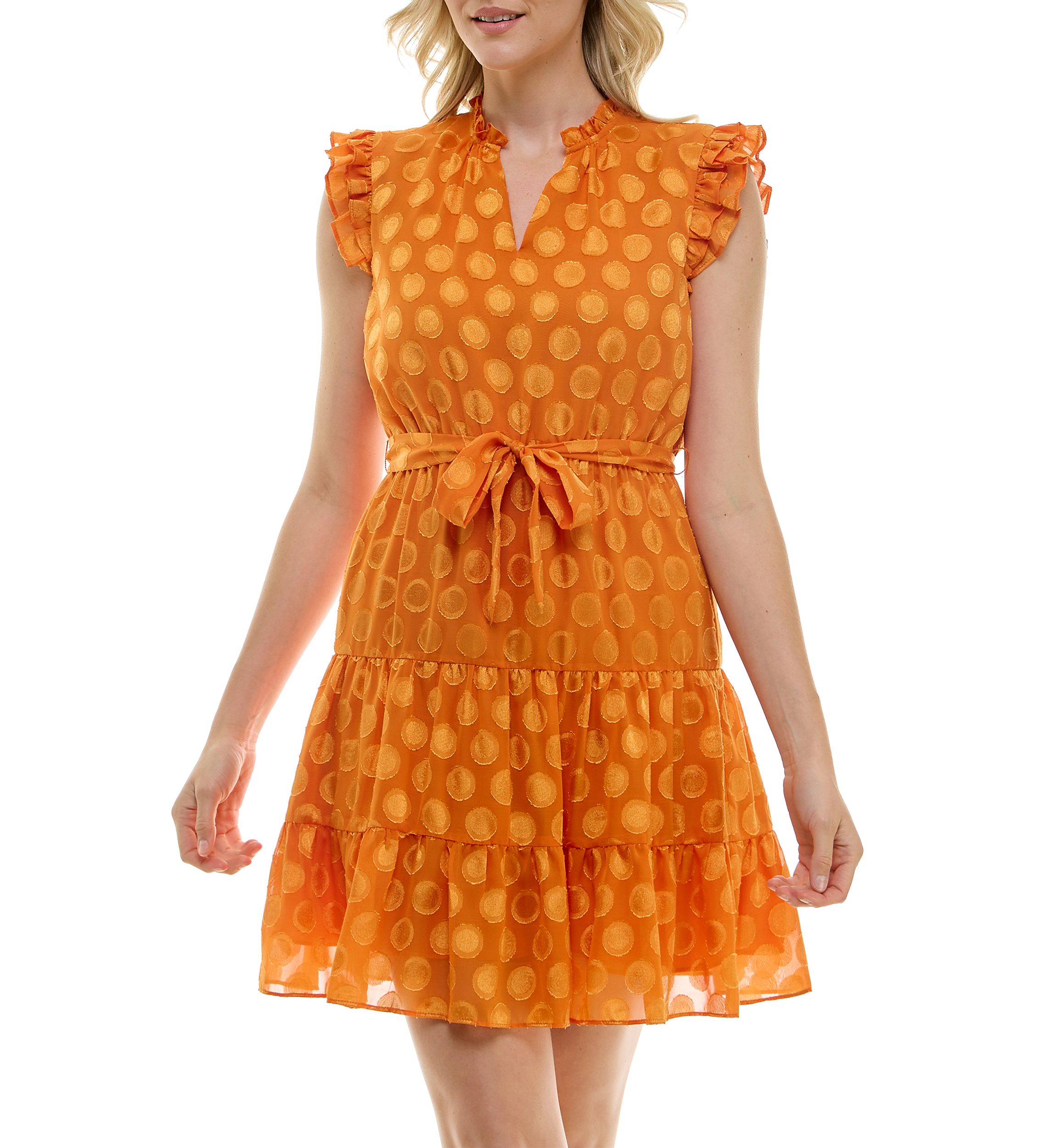 Womens Flutter Sleeve V-Neck Belted Burnout Dot Fit and Flare Dress