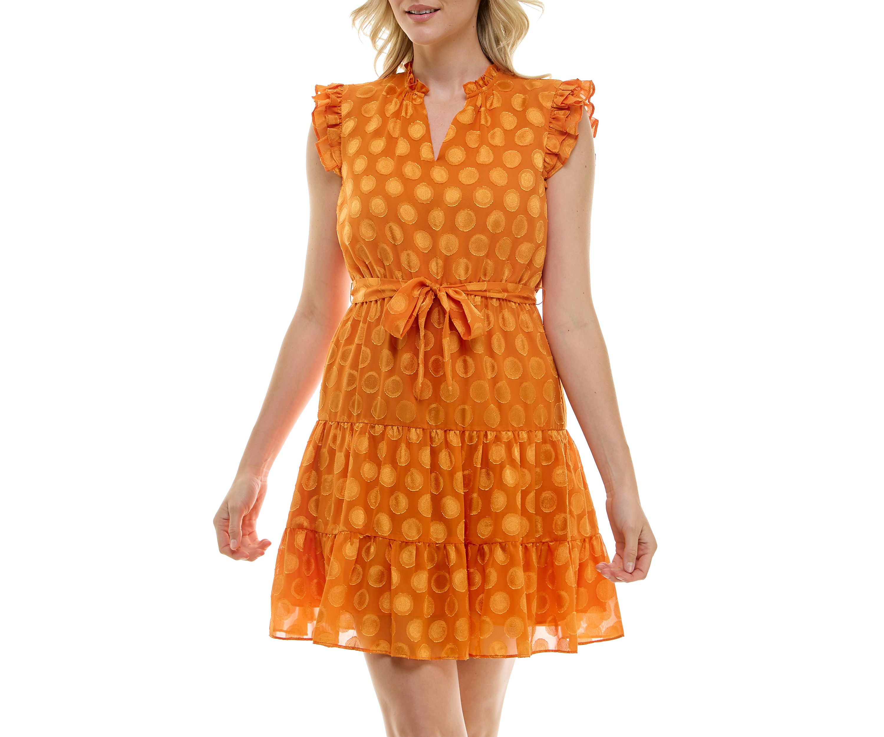 Womens Flutter Sleeve V-Neck Belted Burnout Dot Fit and Flare Dress