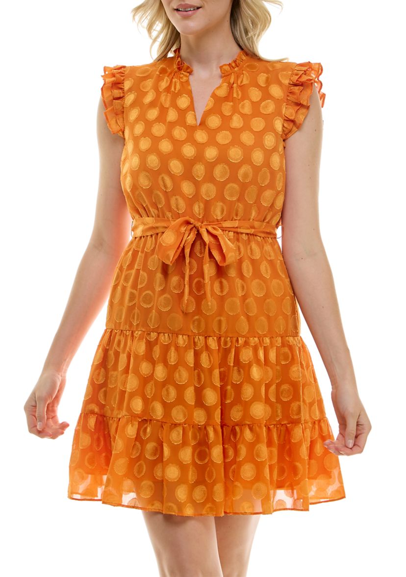 Womens Flutter Sleeve V-Neck Belted Burnout Dot Fit and Flare Dress