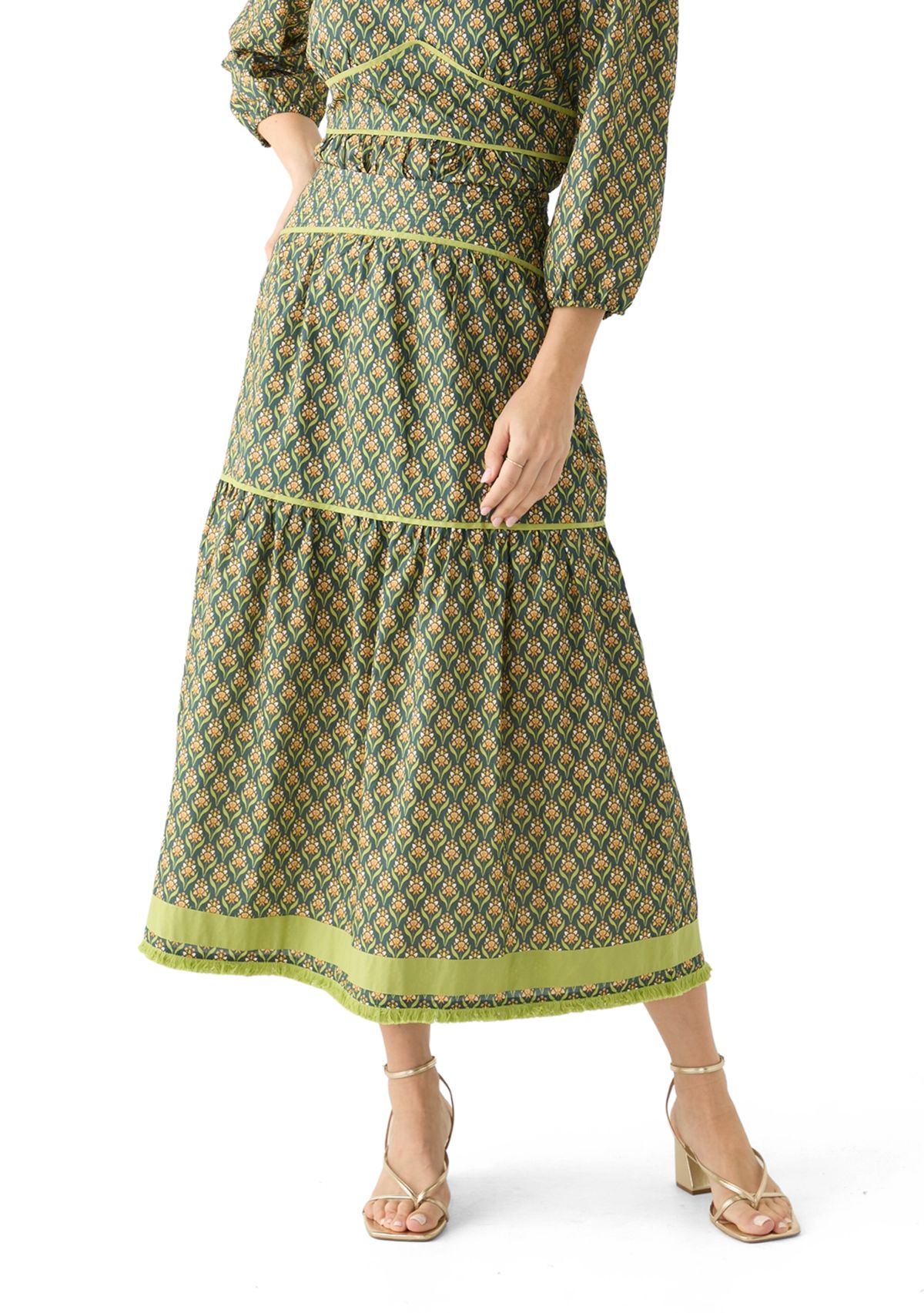Womens Elina Printed Tiered Midi Skirt