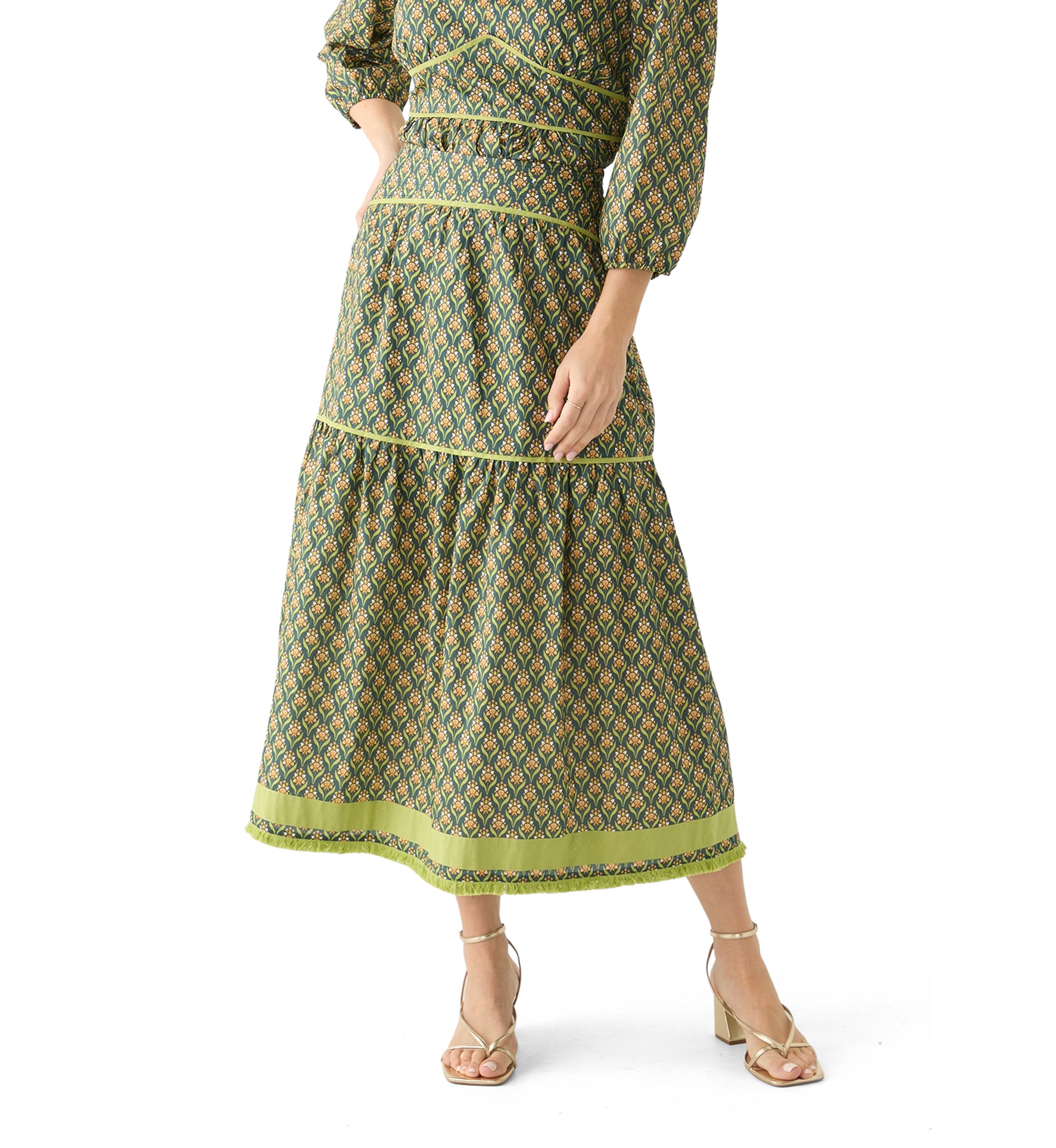 Womens Elina Printed Tiered Midi Skirt