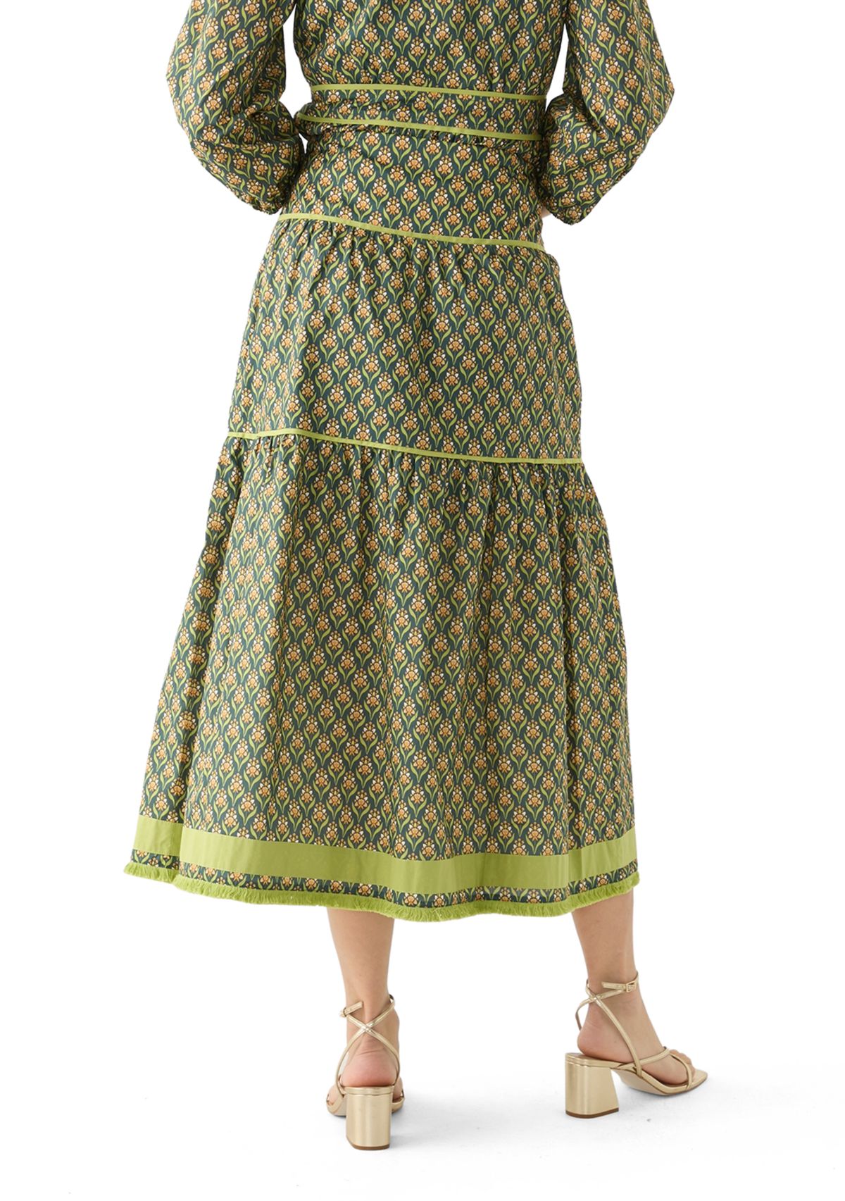 Womens Elina Printed Tiered Midi Skirt