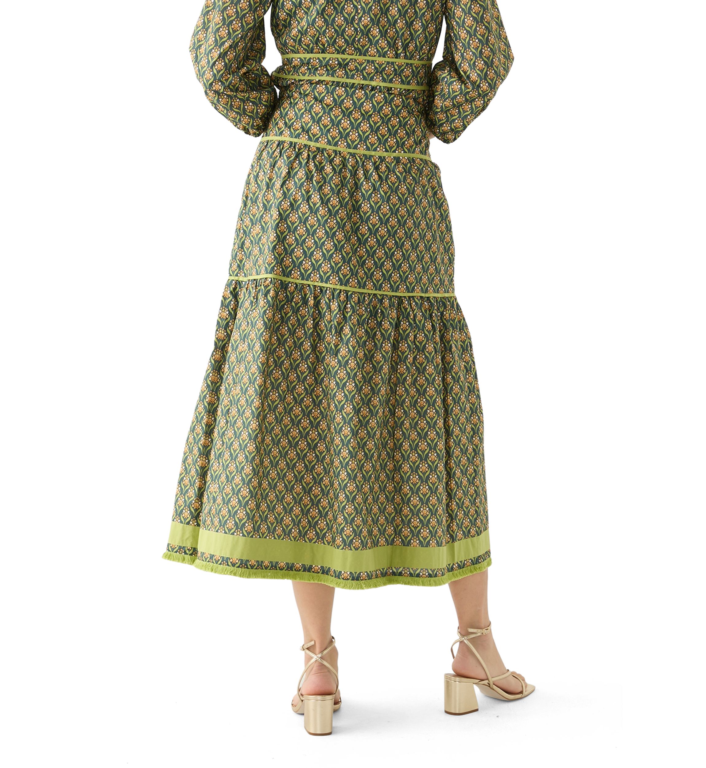 Womens Elina Printed Tiered Midi Skirt