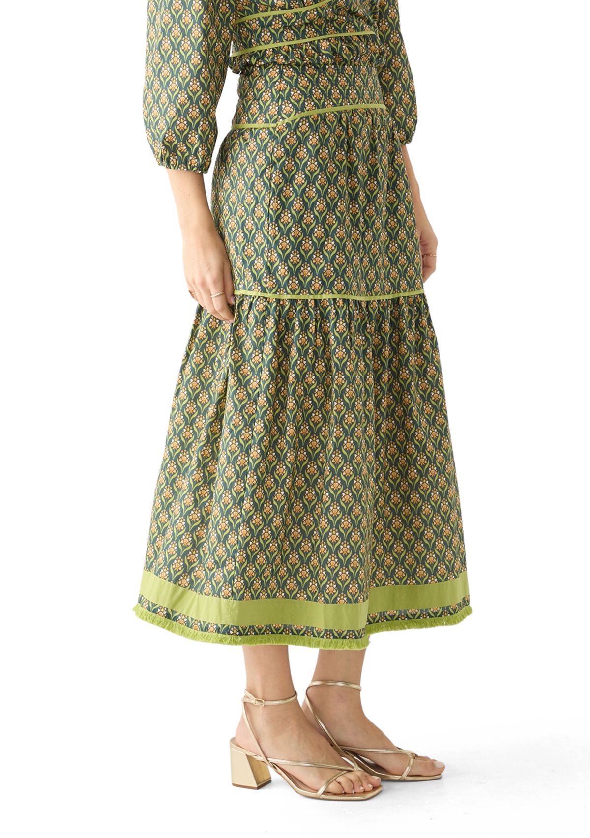 Womens Elina Printed Tiered Midi Skirt