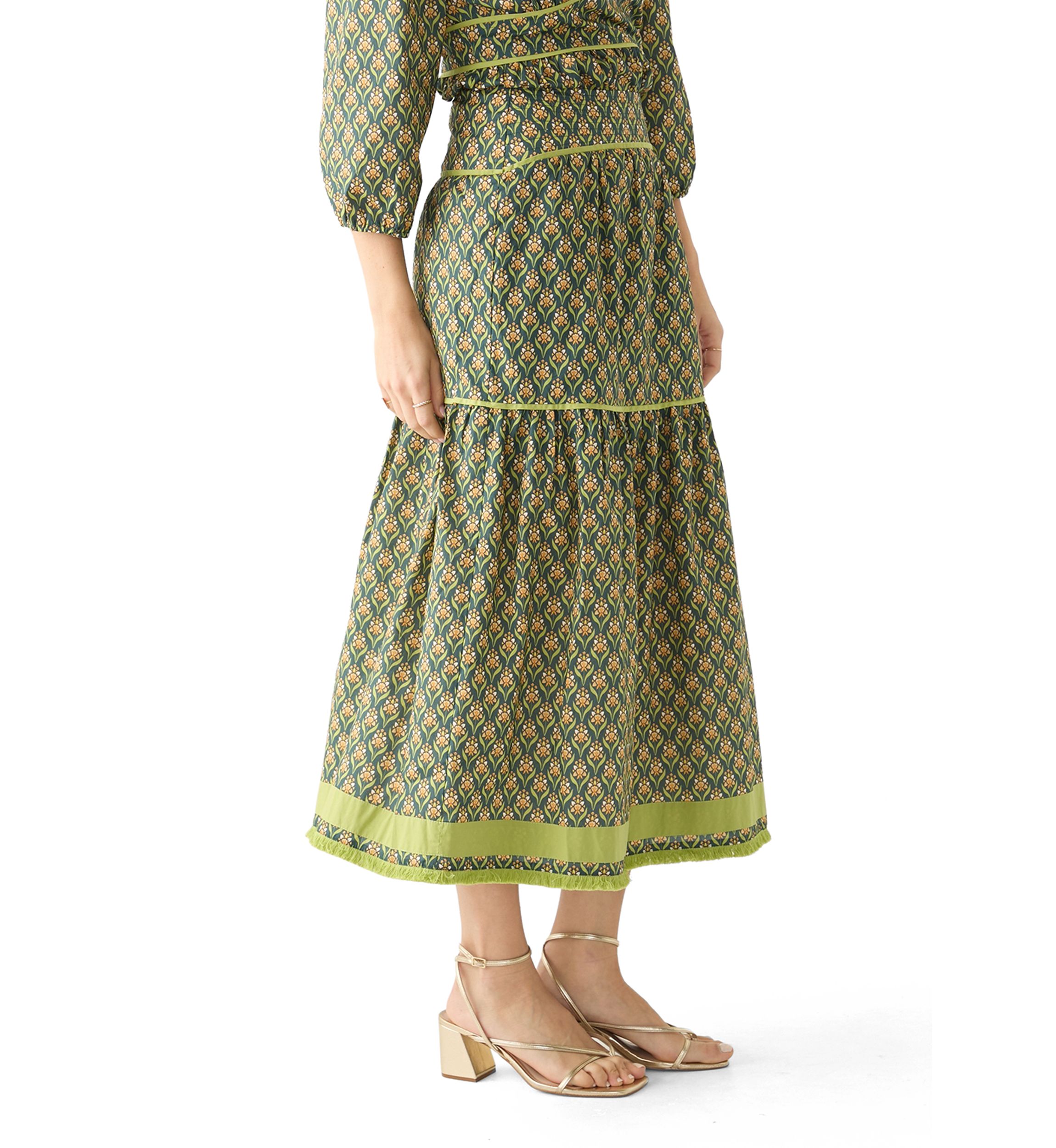 Womens Elina Printed Tiered Midi Skirt