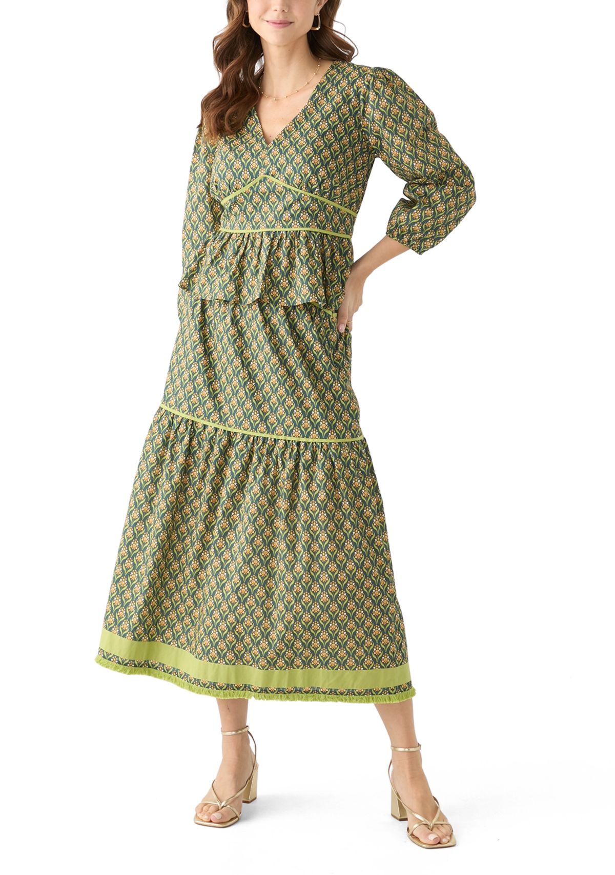 Womens Elina Printed Tiered Midi Skirt