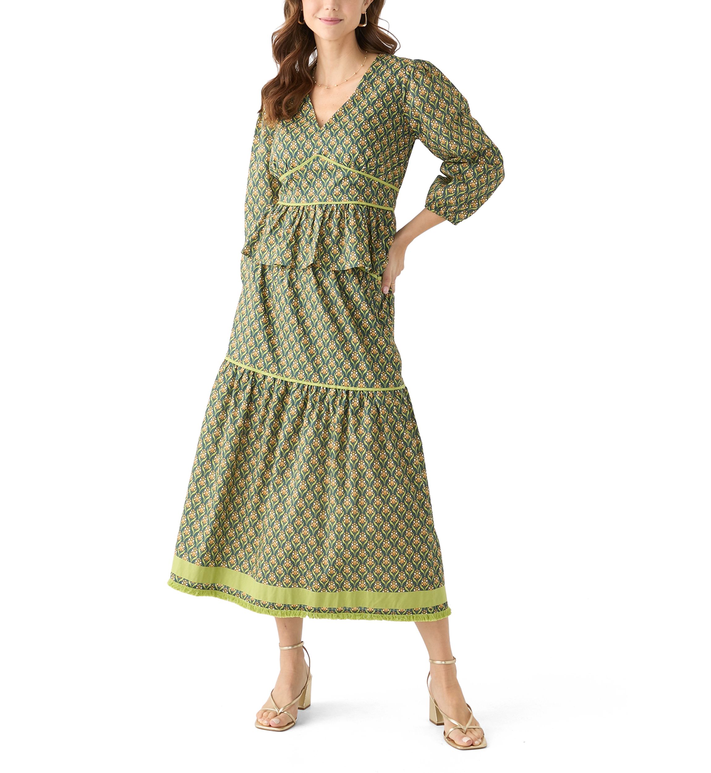 Womens Elina Printed Tiered Midi Skirt