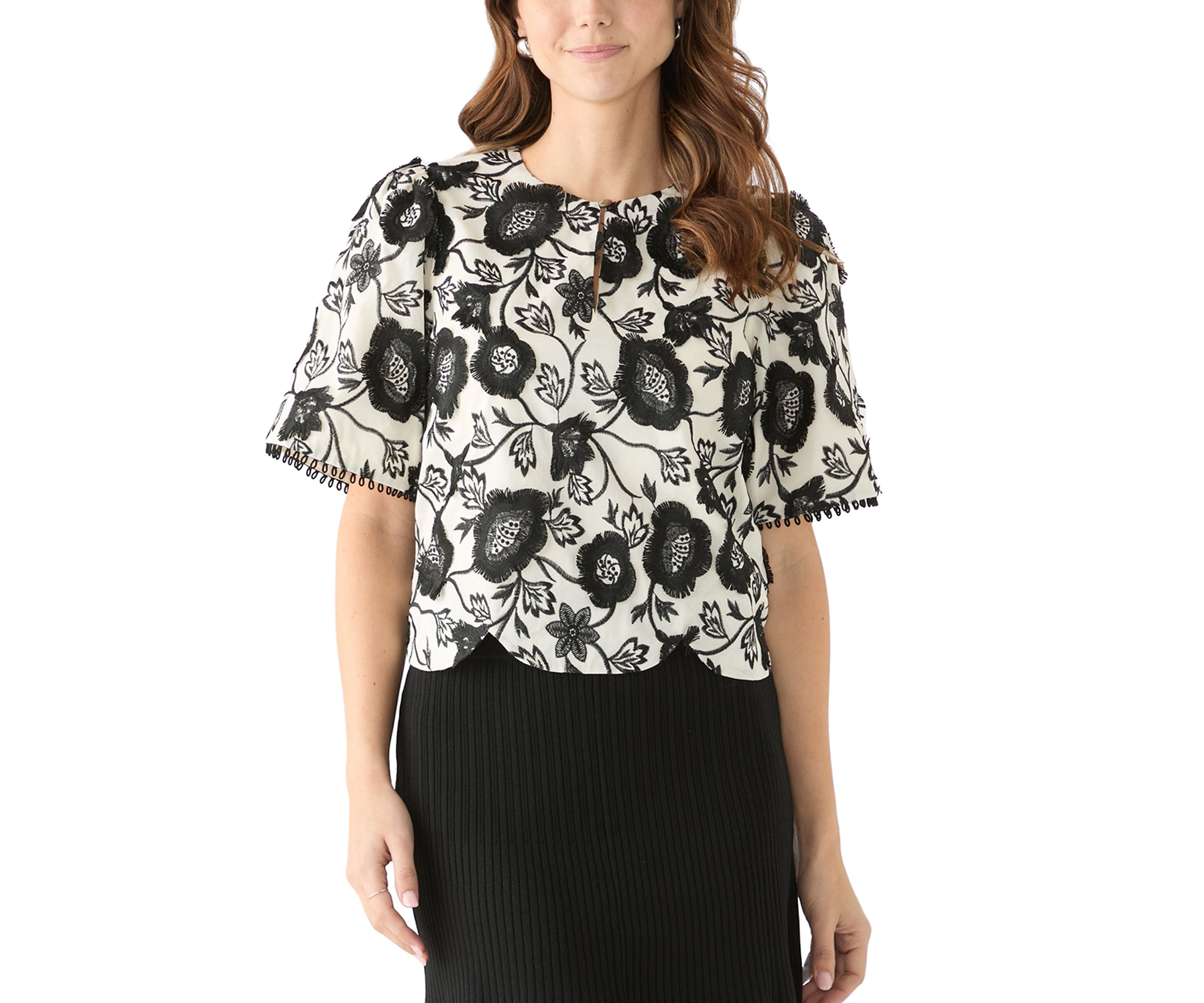 Womens Darby 3D Embroidered Scalloped Hem Blouse