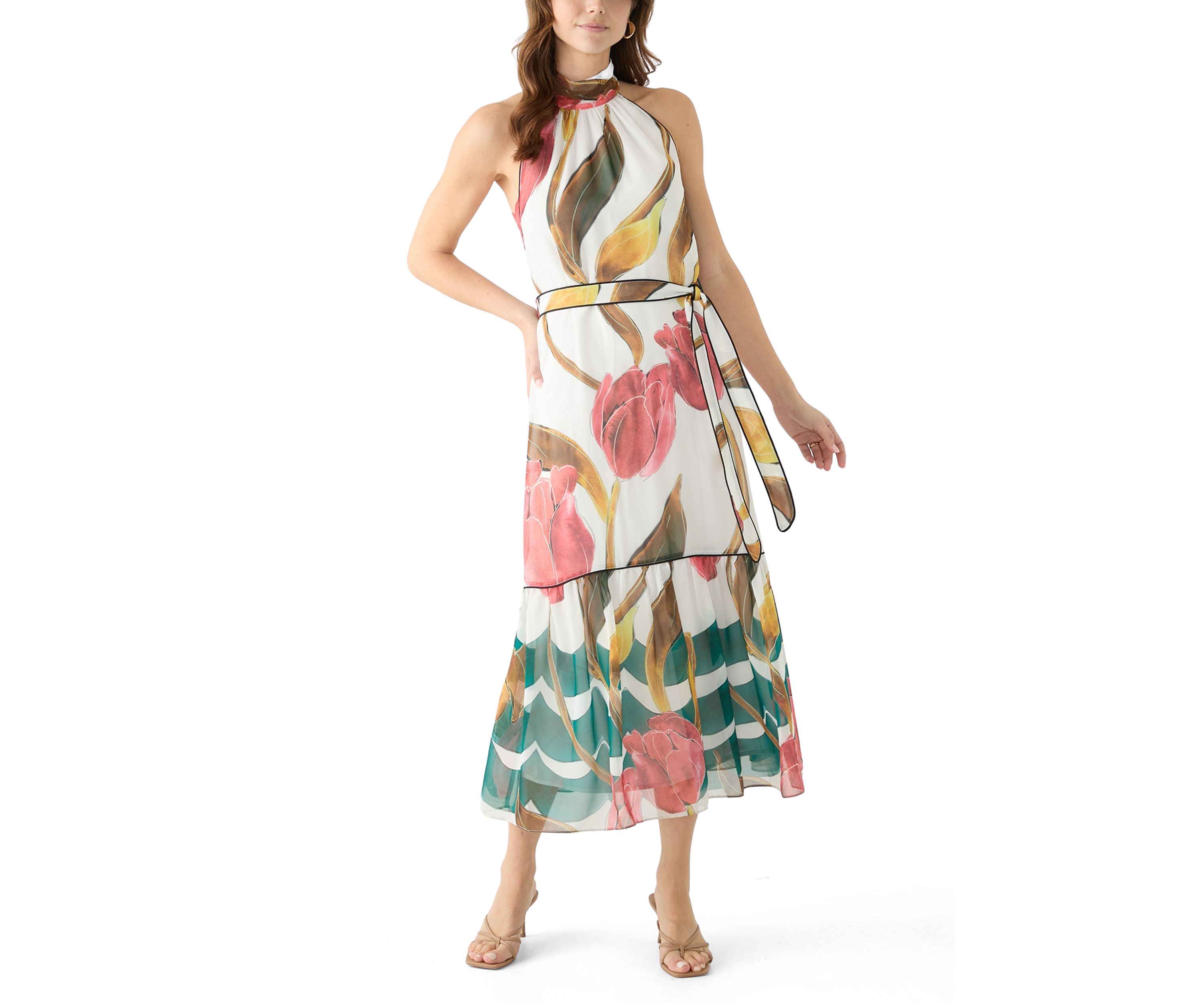 Womens Sleeveless Halter Neck Floral Print A-Line Dress