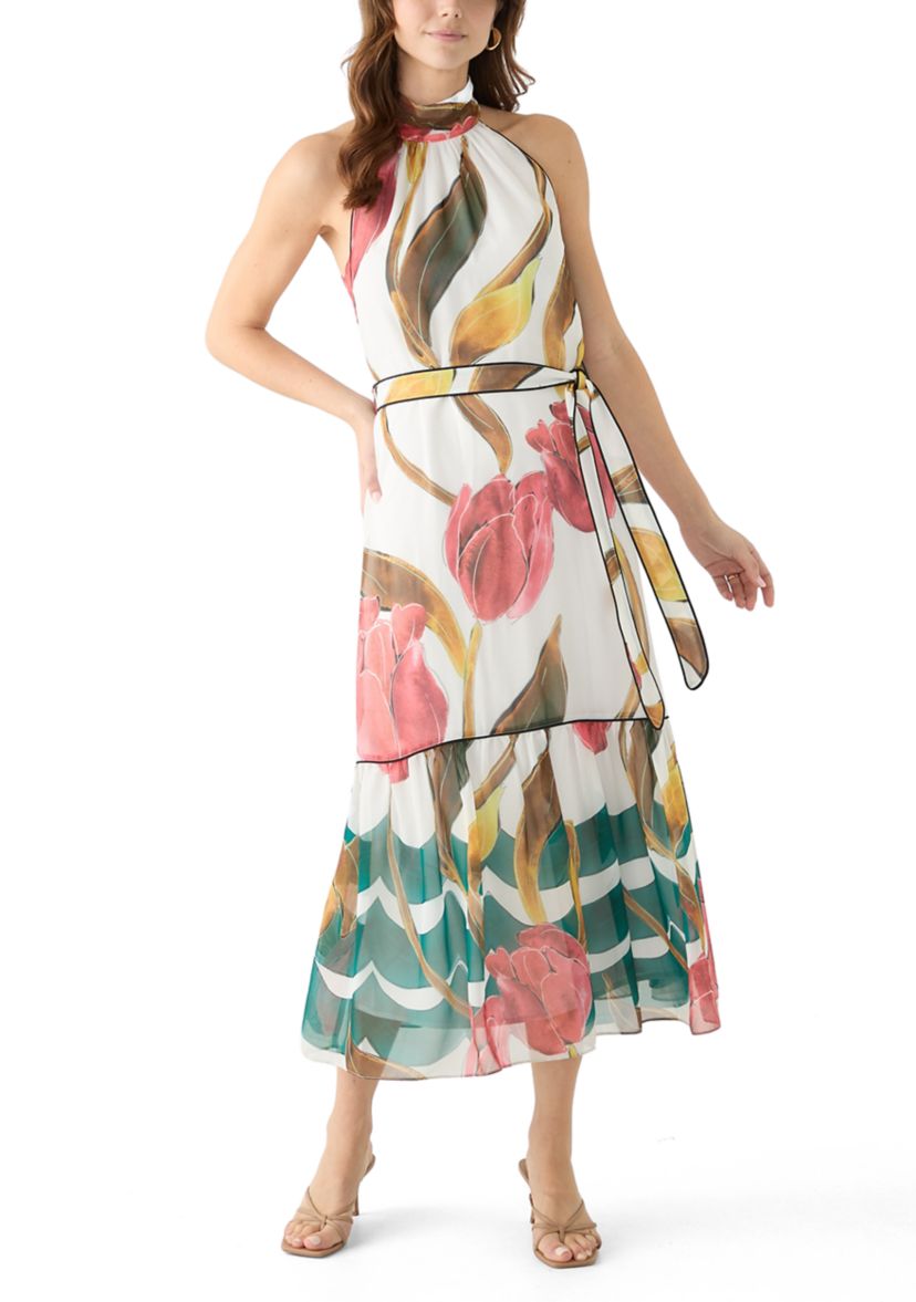 Womens Sleeveless Halter Neck Floral Print A-Line Dress