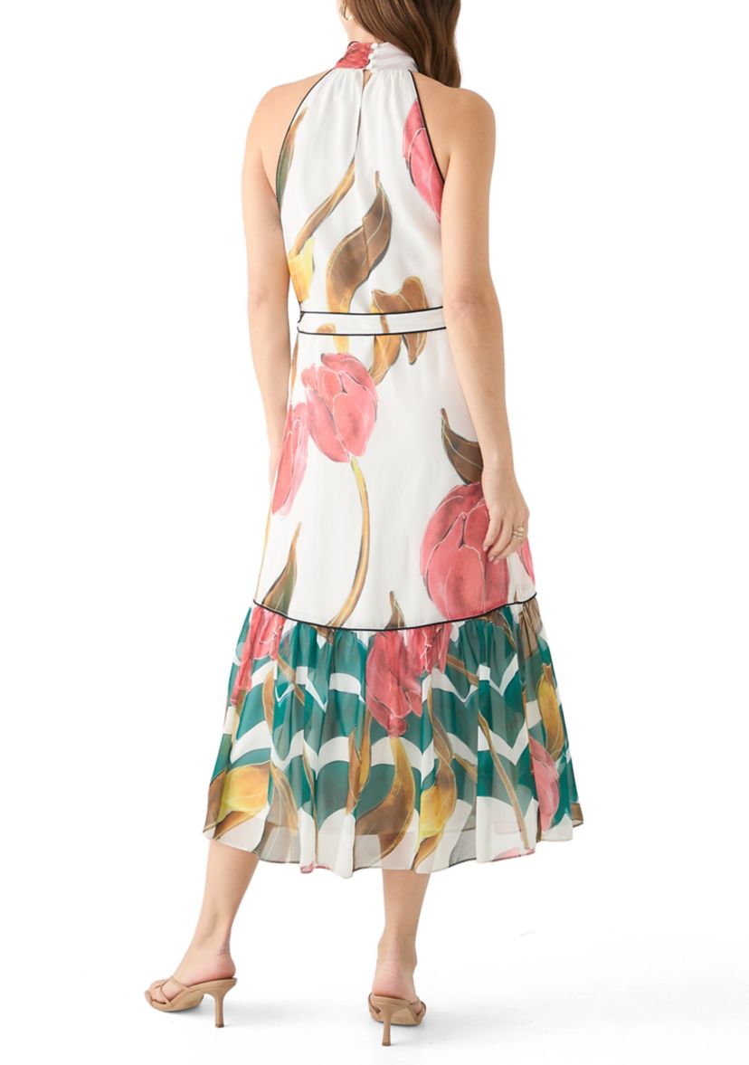 Womens Sleeveless Halter Neck Floral Print A-Line Dress