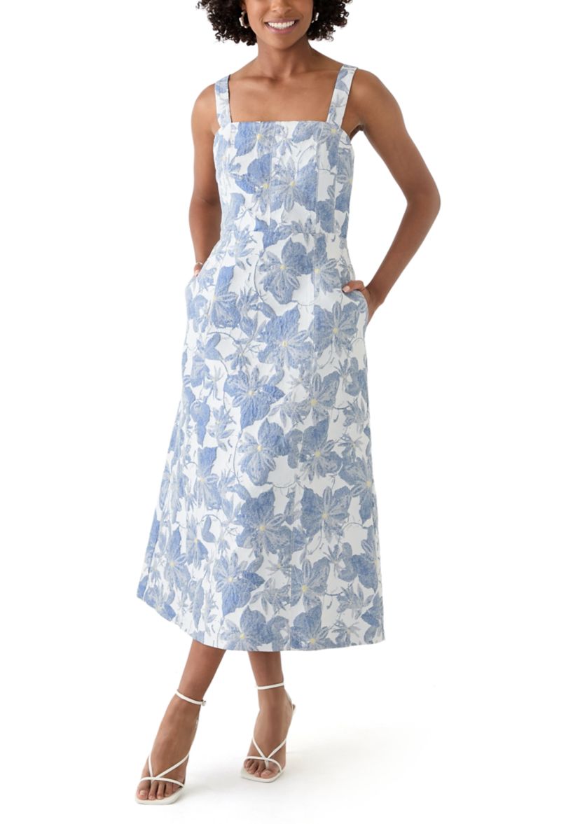 Womens Sleeveless Square Neck Floral Print Midi Dress