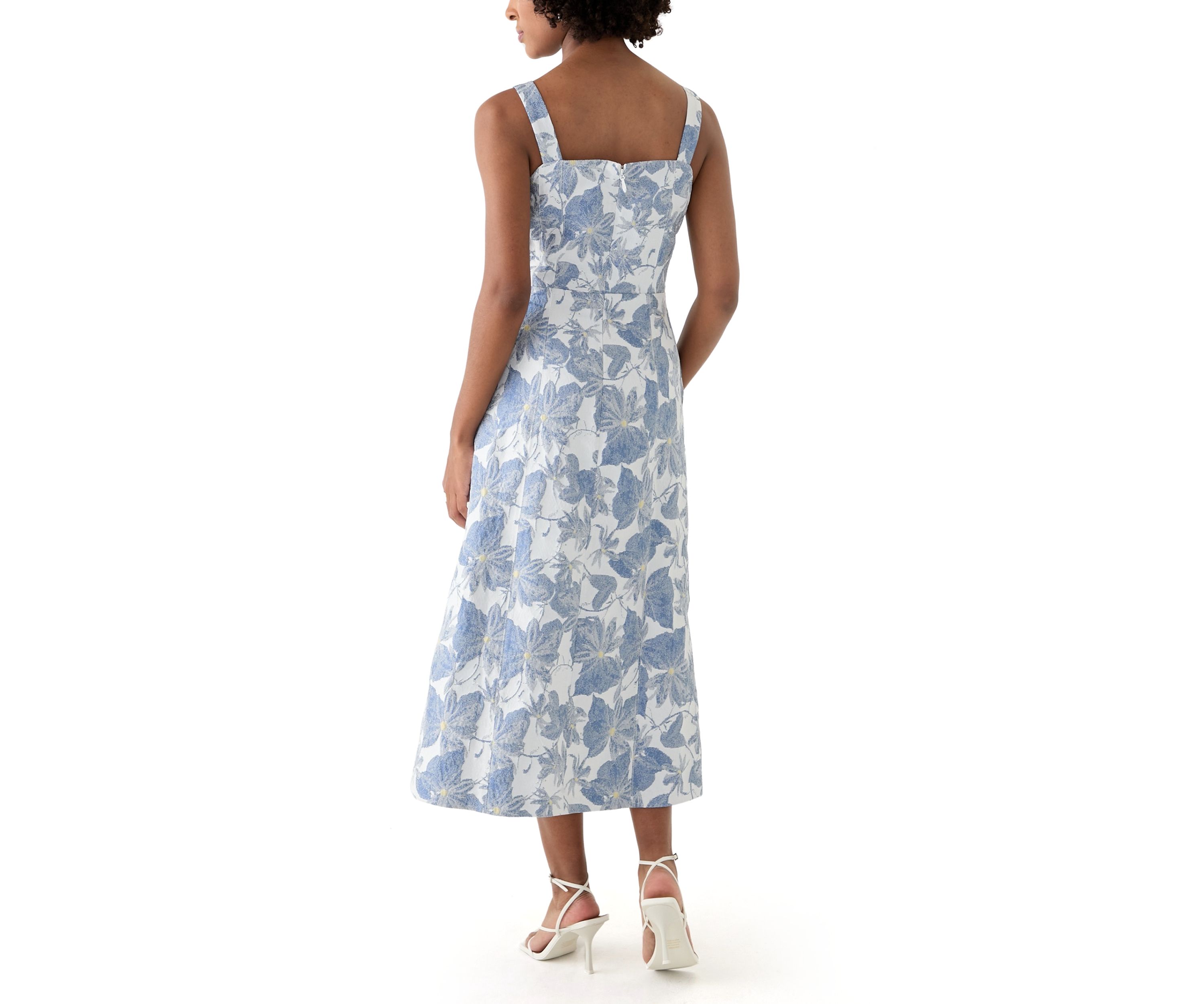 Womens Sleeveless Square Neck Floral Print Midi Dress