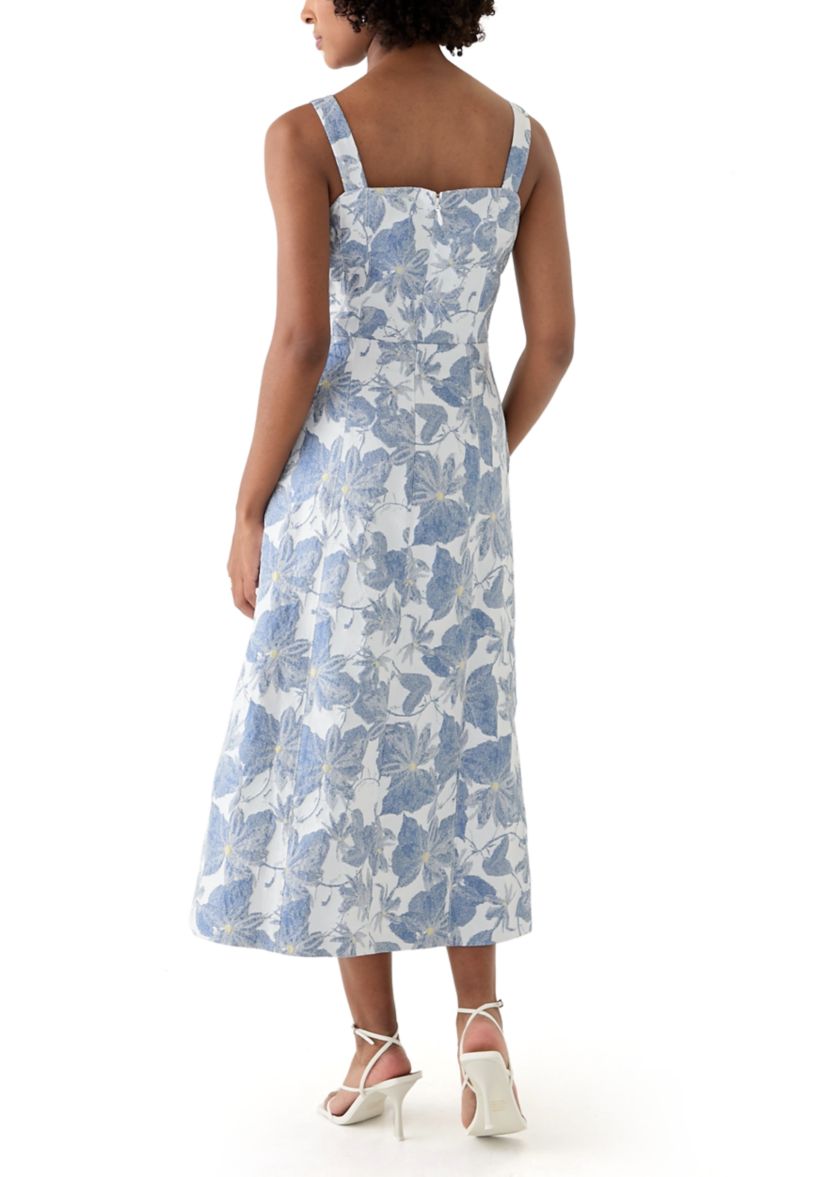 Womens Sleeveless Square Neck Floral Print Midi Dress