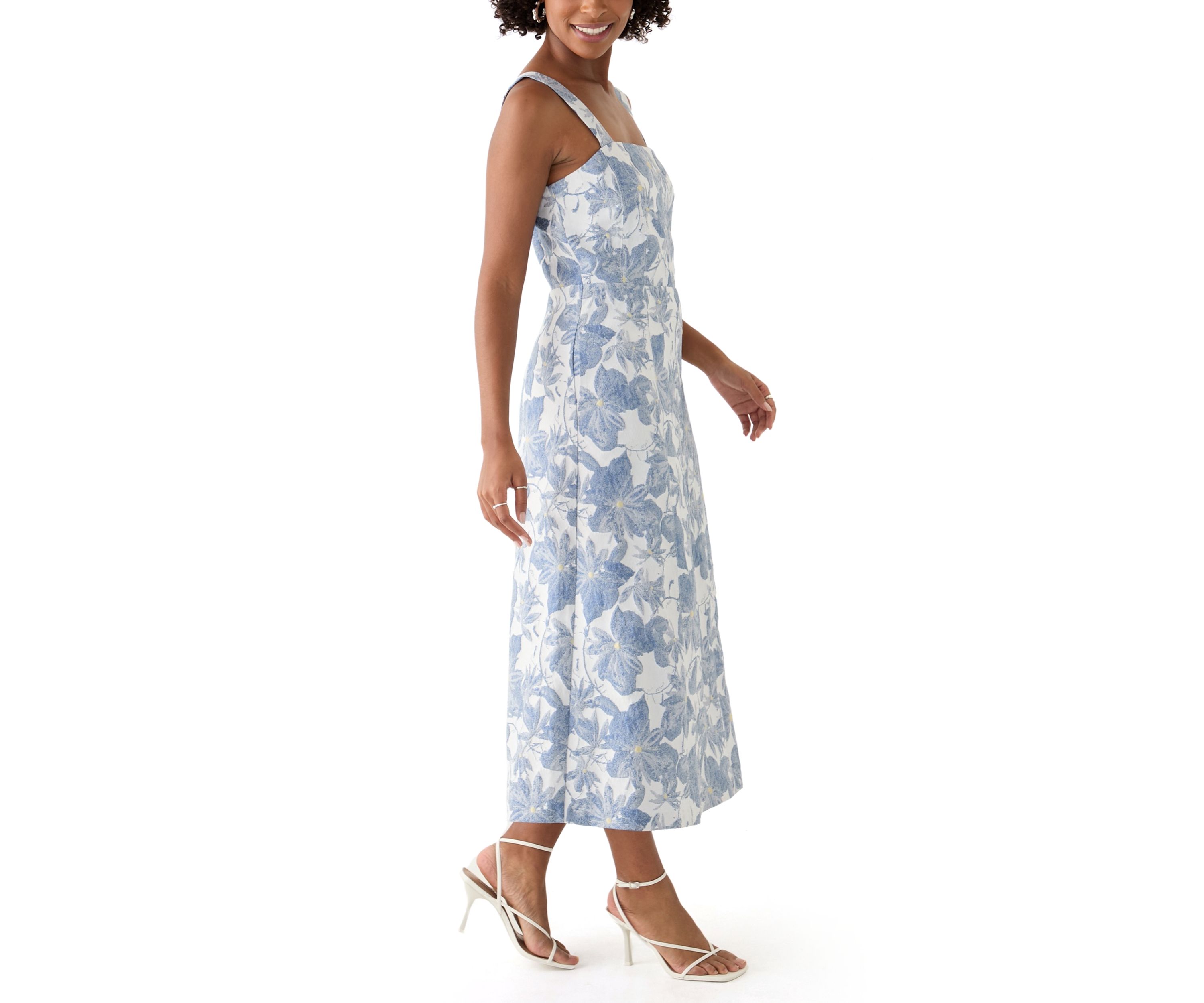 Womens Sleeveless Square Neck Floral Print Midi Dress