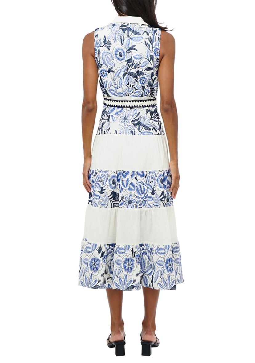 Womens Sleeveless Collar Neck Floral Midi Dress