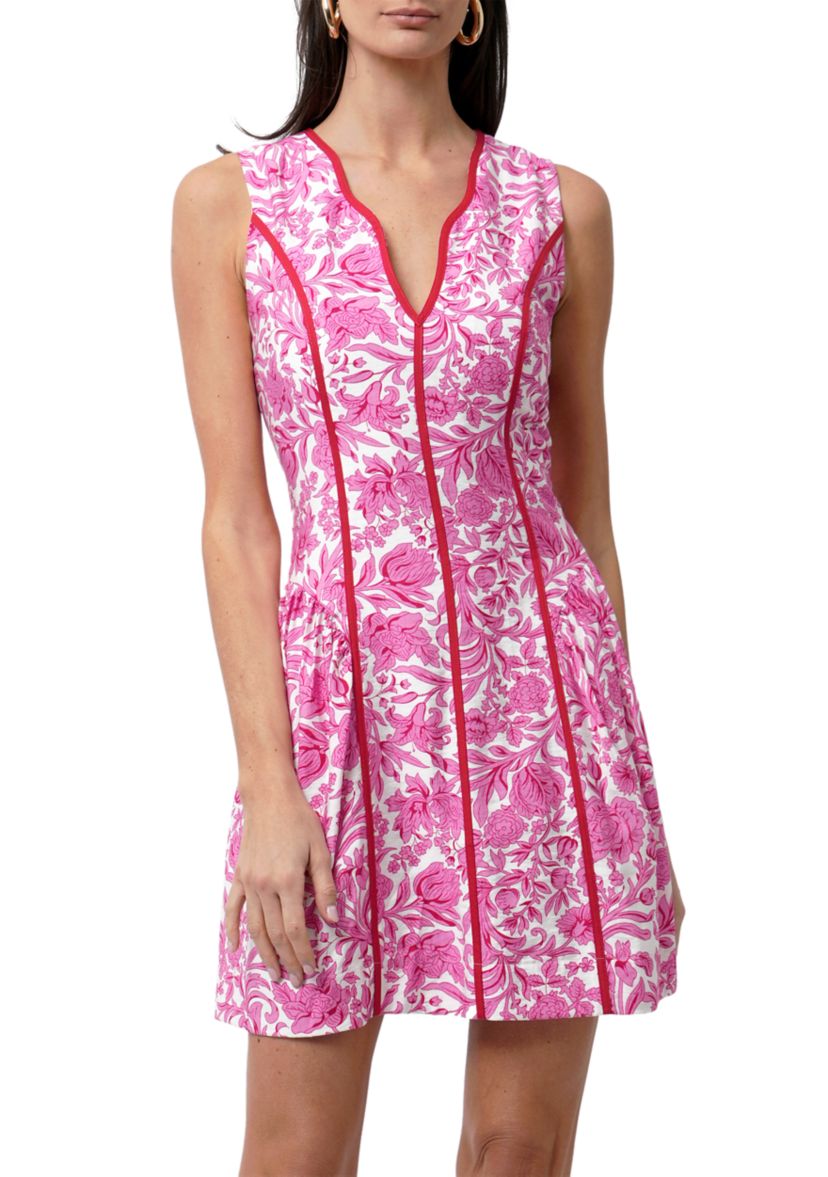 Womens Floral Scalloped Mini Dress