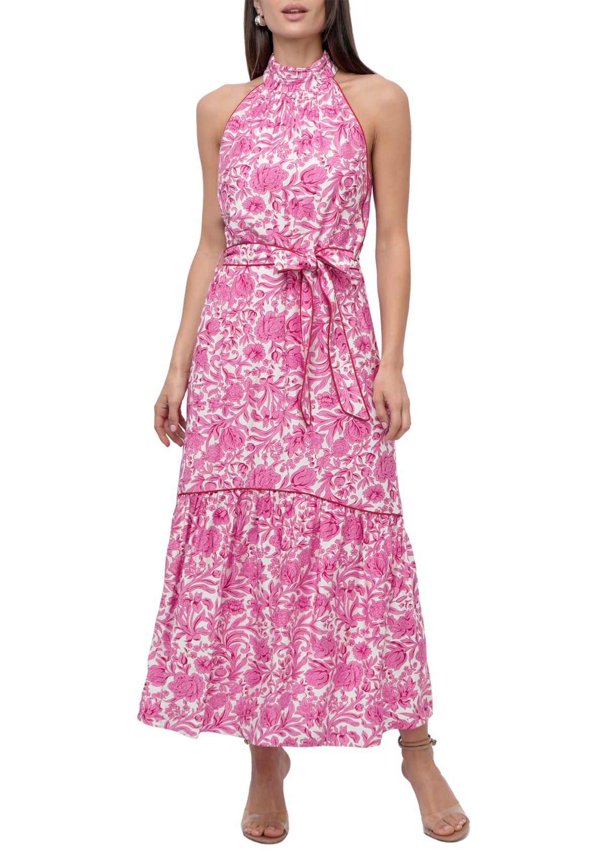 Womens Floral Halter Neck Tie Printed Maxi Dress