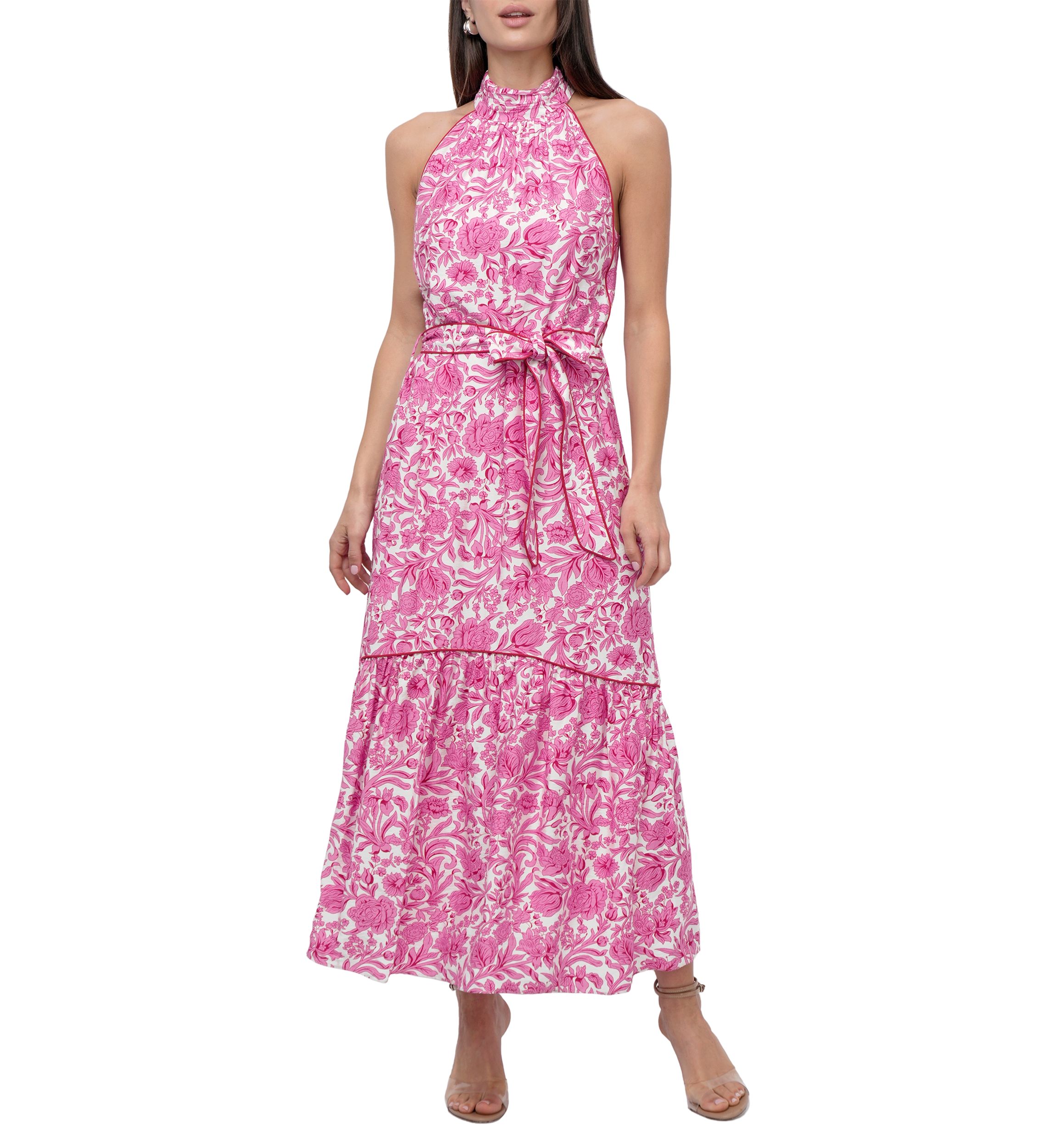 Womens Floral Halter Neck Tie Printed Maxi Dress