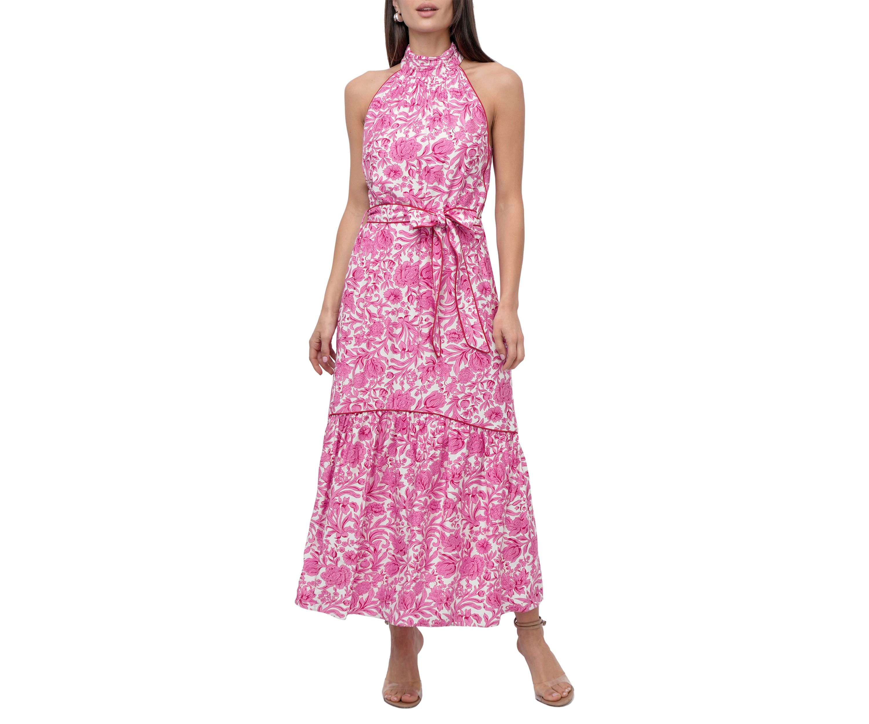 Womens Floral Halter Neck Tie Printed Maxi Dress