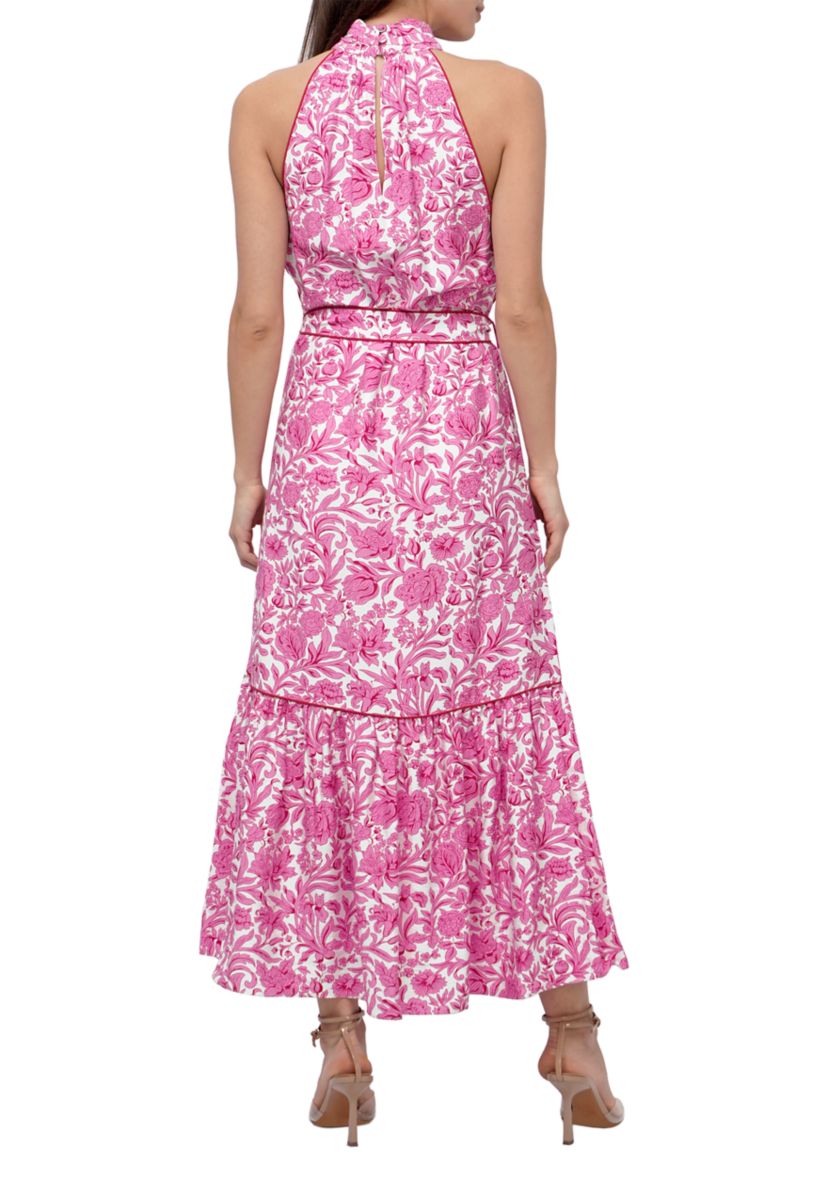 Womens Floral Halter Neck Tie Printed Maxi Dress