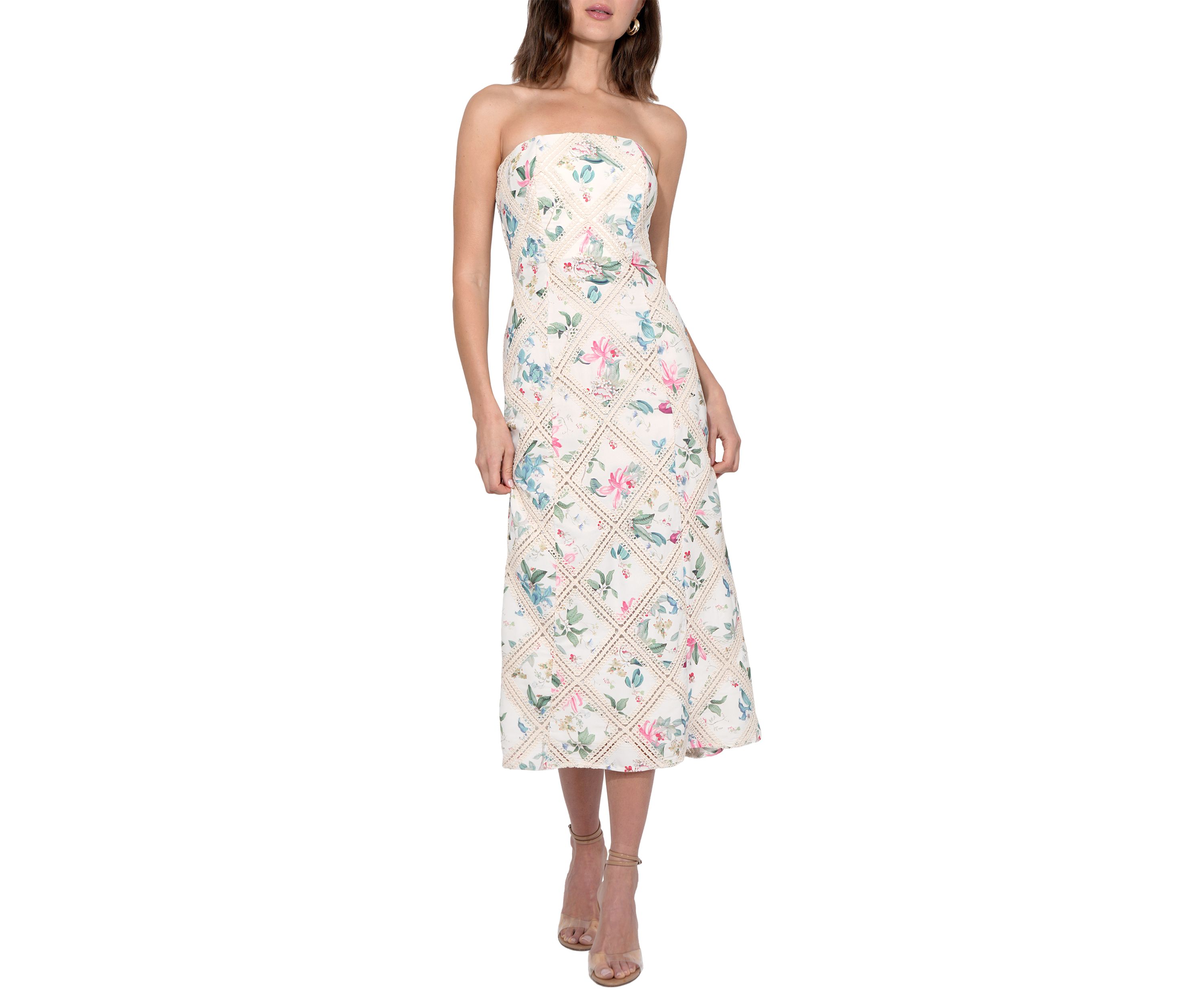 Womens Crochet Printed Strapless MIdi Dress