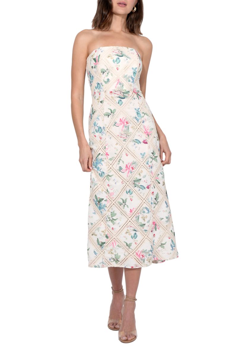 Womens Crochet Printed Strapless MIdi Dress