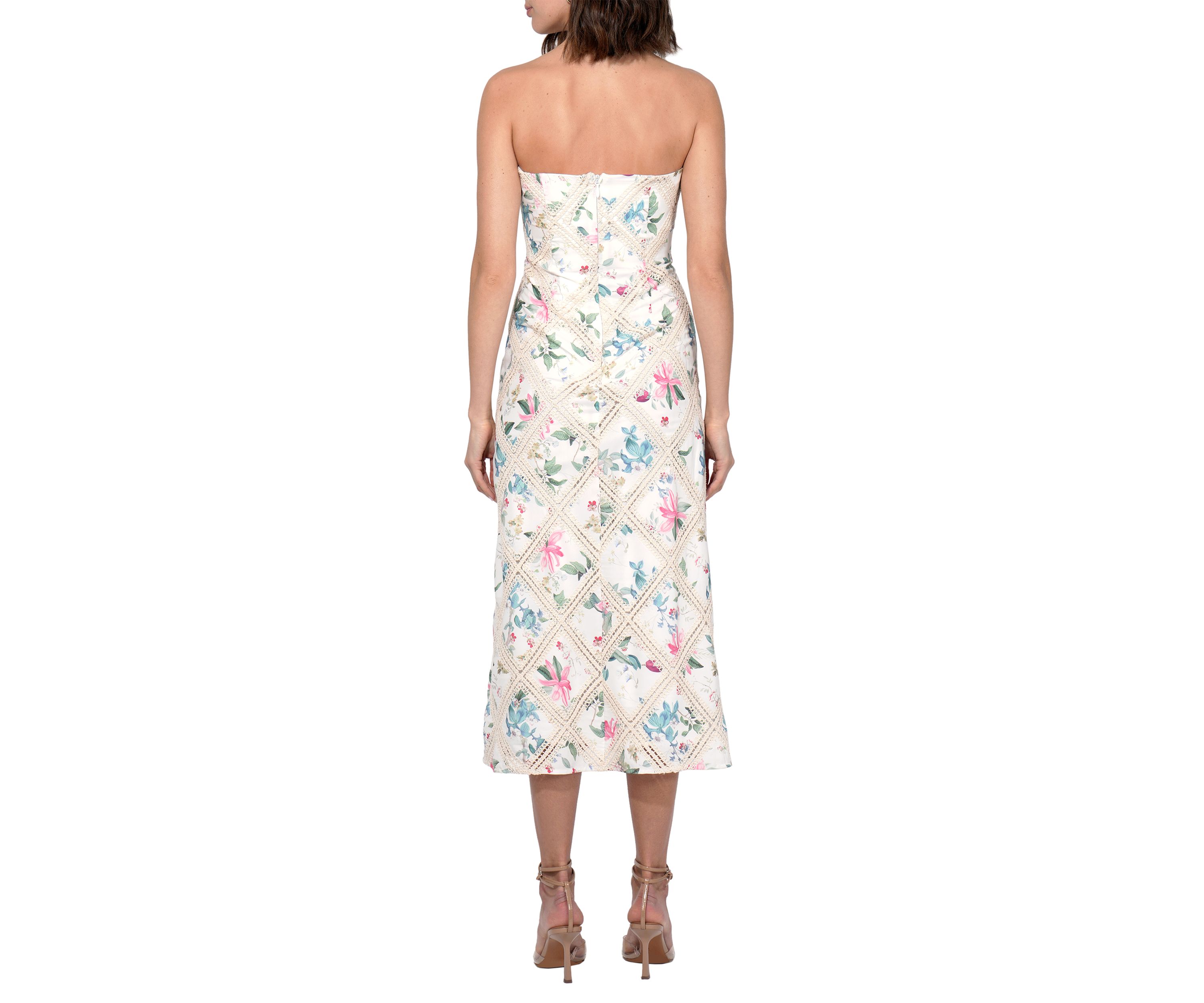 Womens Crochet Printed Strapless MIdi Dress