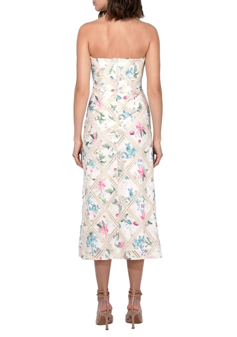 Womens Crochet Printed Strapless MIdi Dress