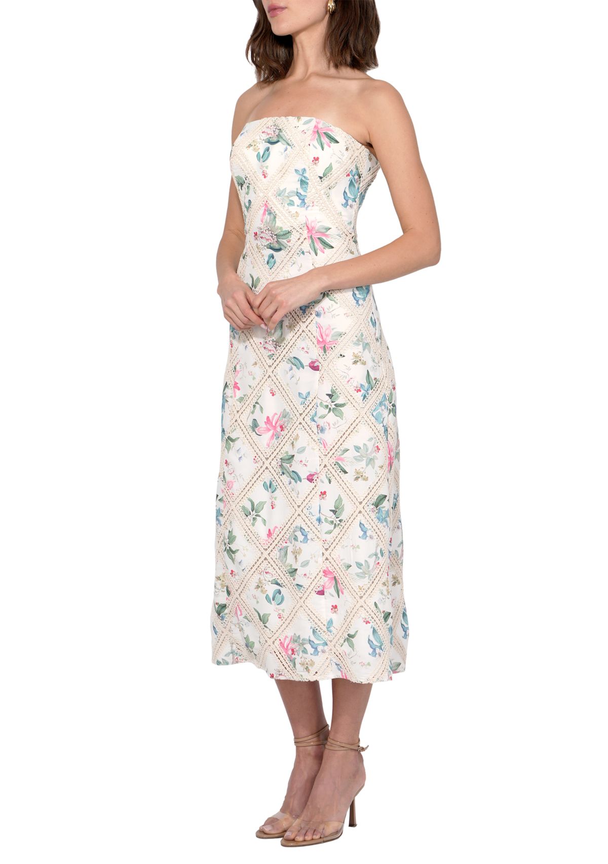 Womens Crochet Printed Strapless MIdi Dress