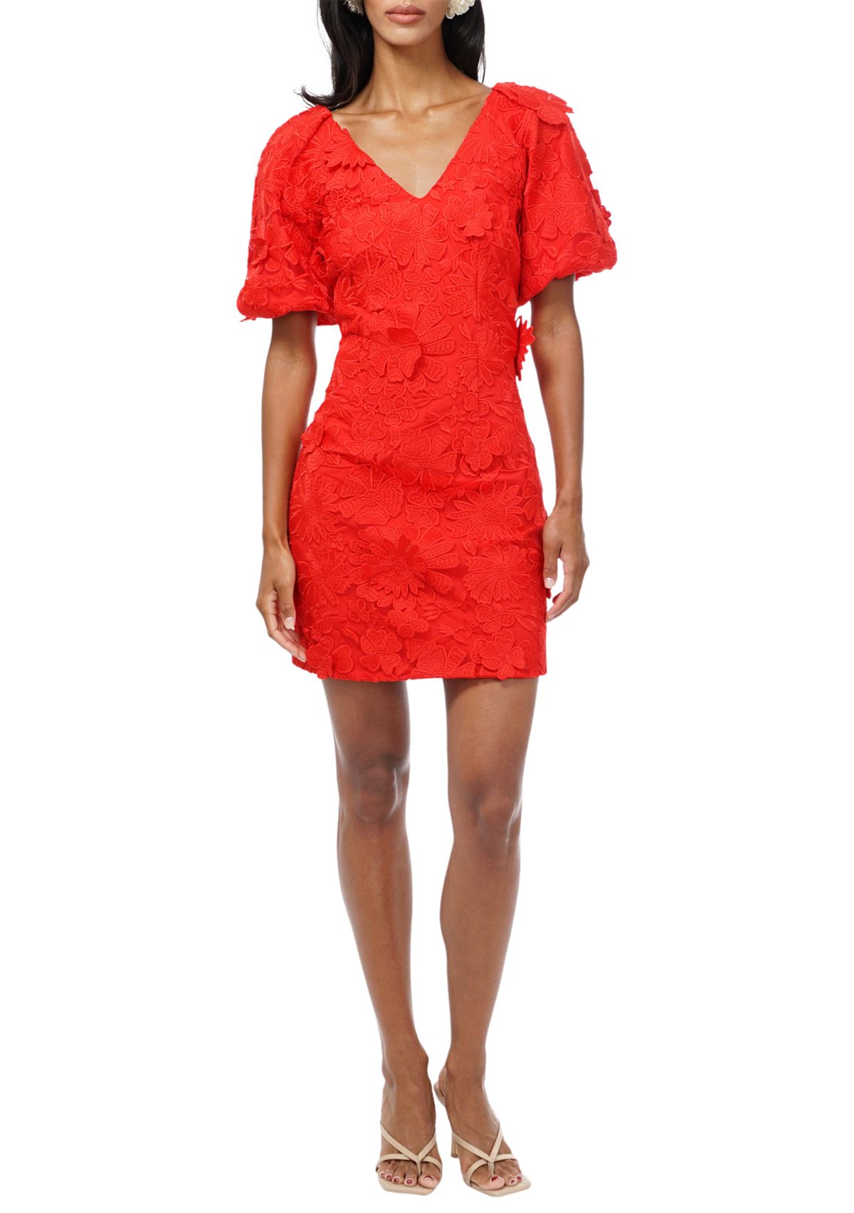 Womens Puff Sleeve 3D Lace Mini Dress