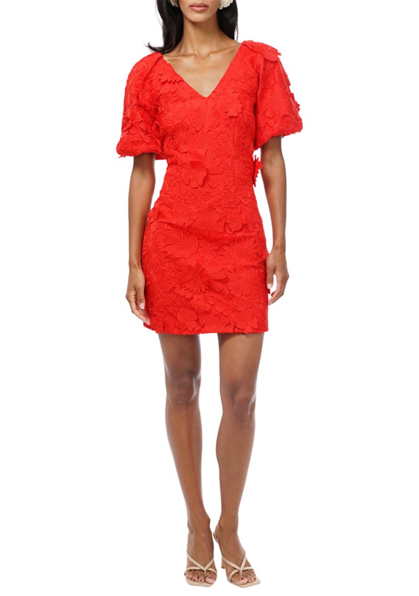 Womens Puff Sleeve 3D Lace Mini Dress