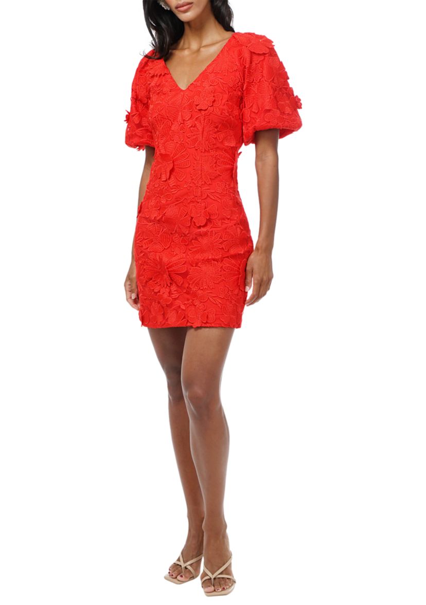 Womens Puff Sleeve 3D Lace Mini Dress