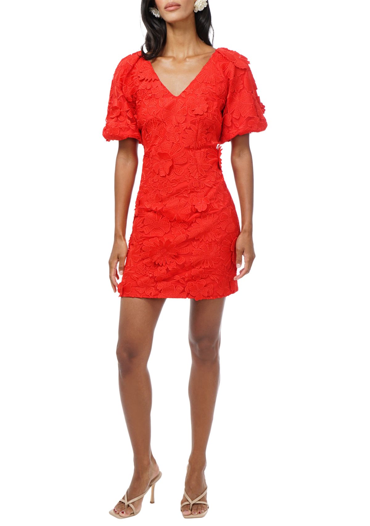 Womens Puff Sleeve 3D Lace Mini Dress