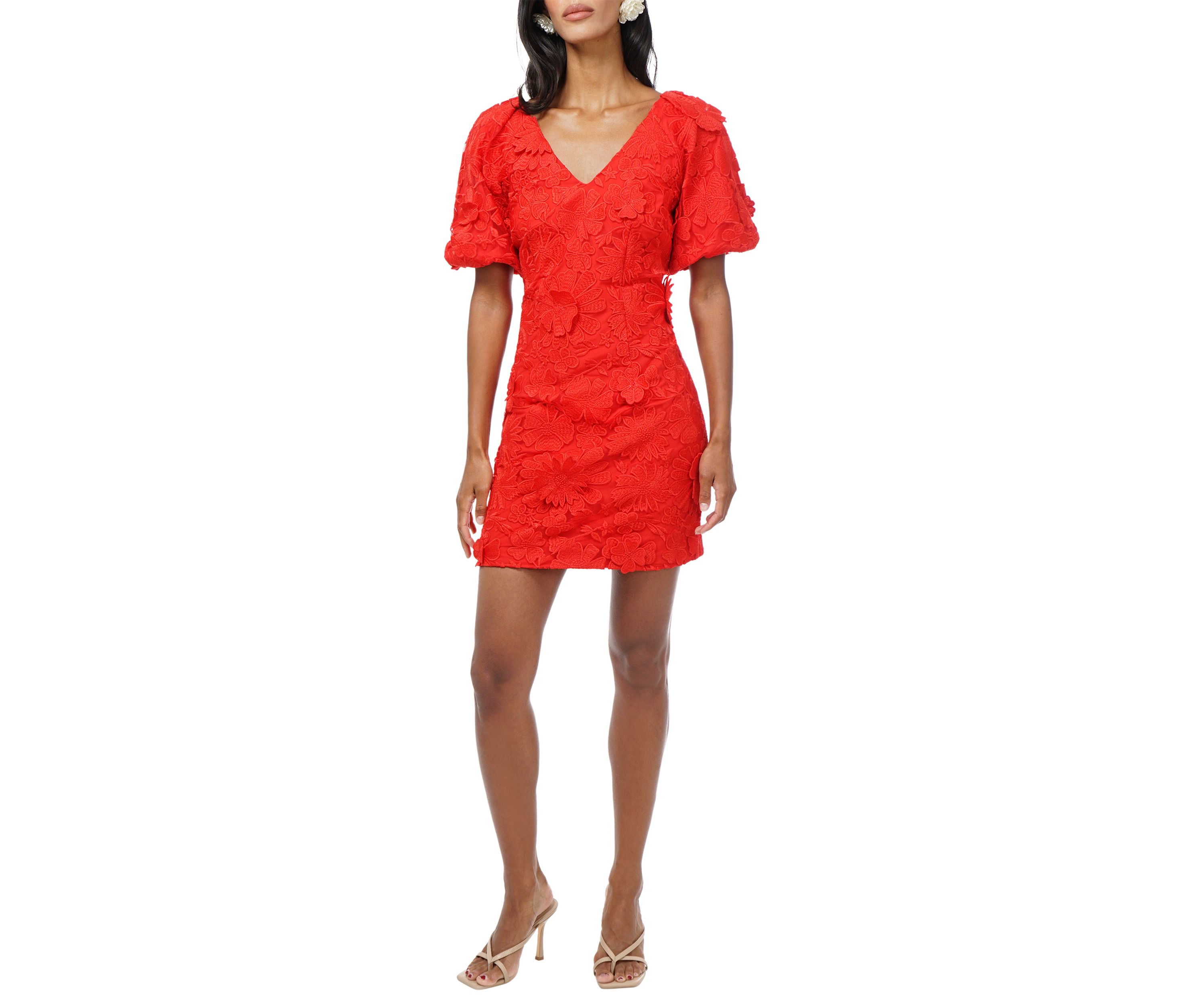 Womens Puff Sleeve 3D Lace Mini Dress