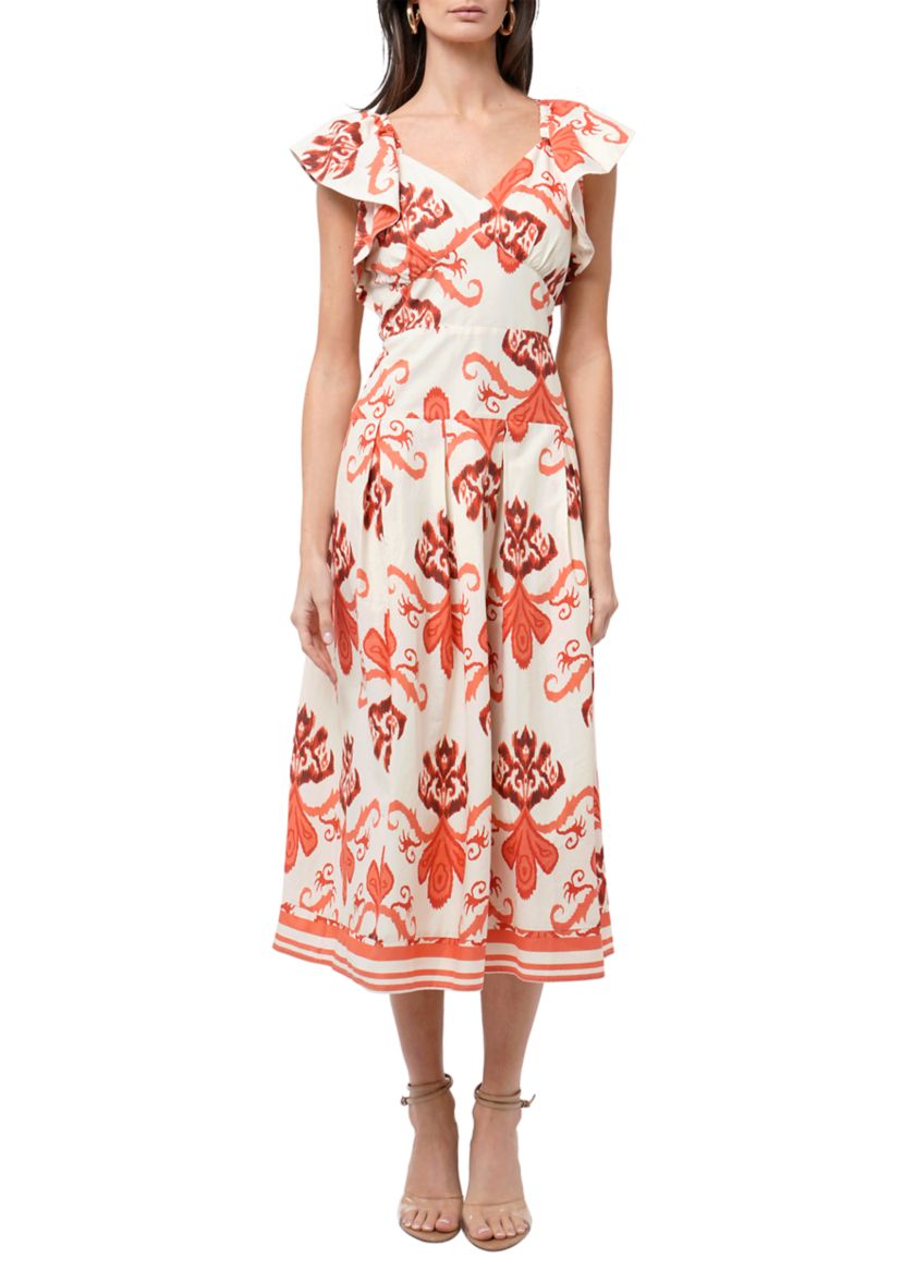 Womens Flutter Sleeve Printed Midi Dress