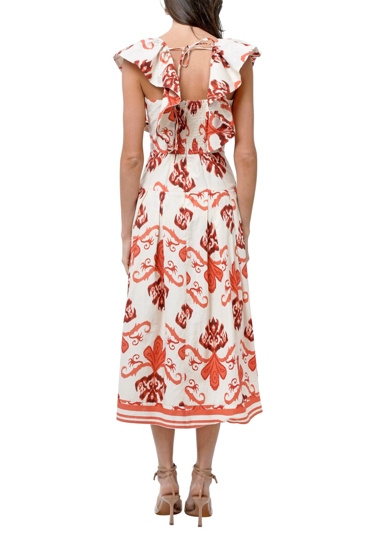 Womens Flutter Sleeve Printed Midi Dress