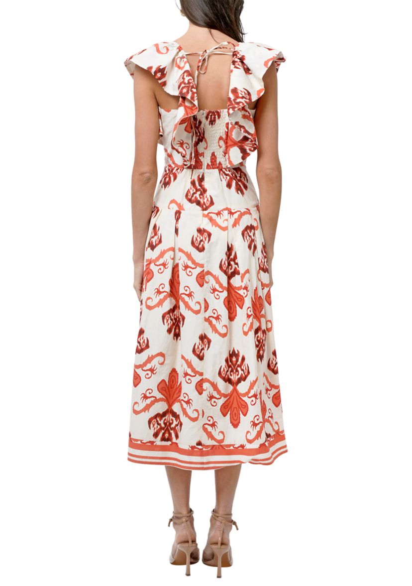 Womens Flutter Sleeve Printed Midi Dress