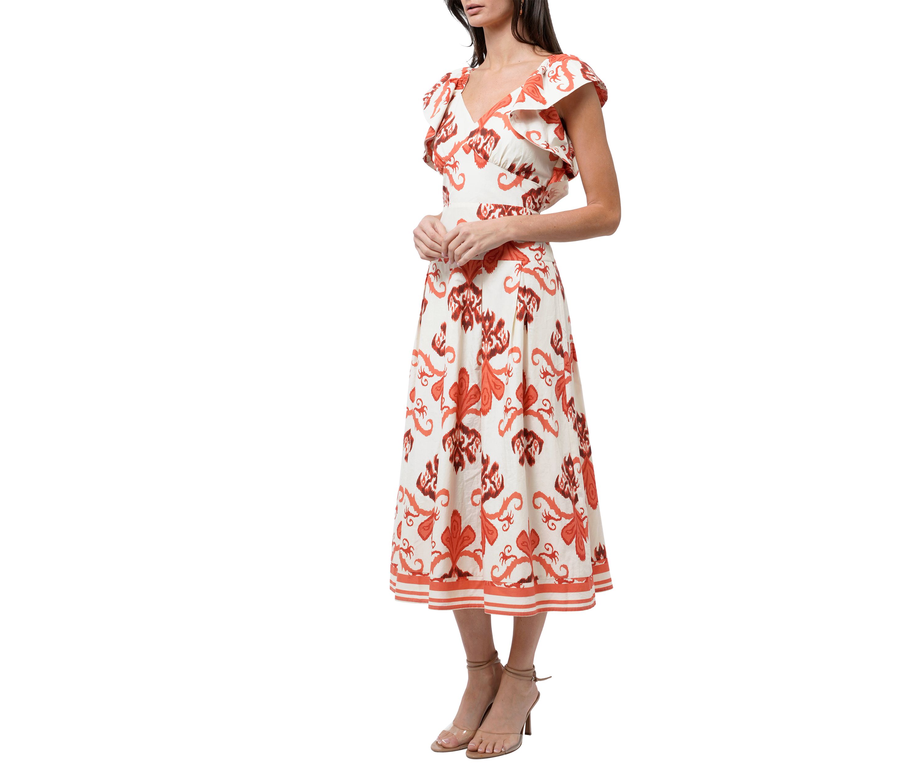 Womens Flutter Sleeve Printed Midi Dress