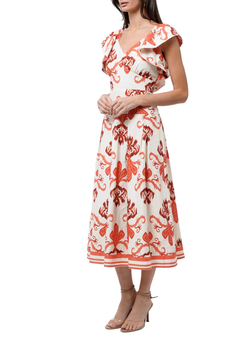 Womens Flutter Sleeve Printed Midi Dress