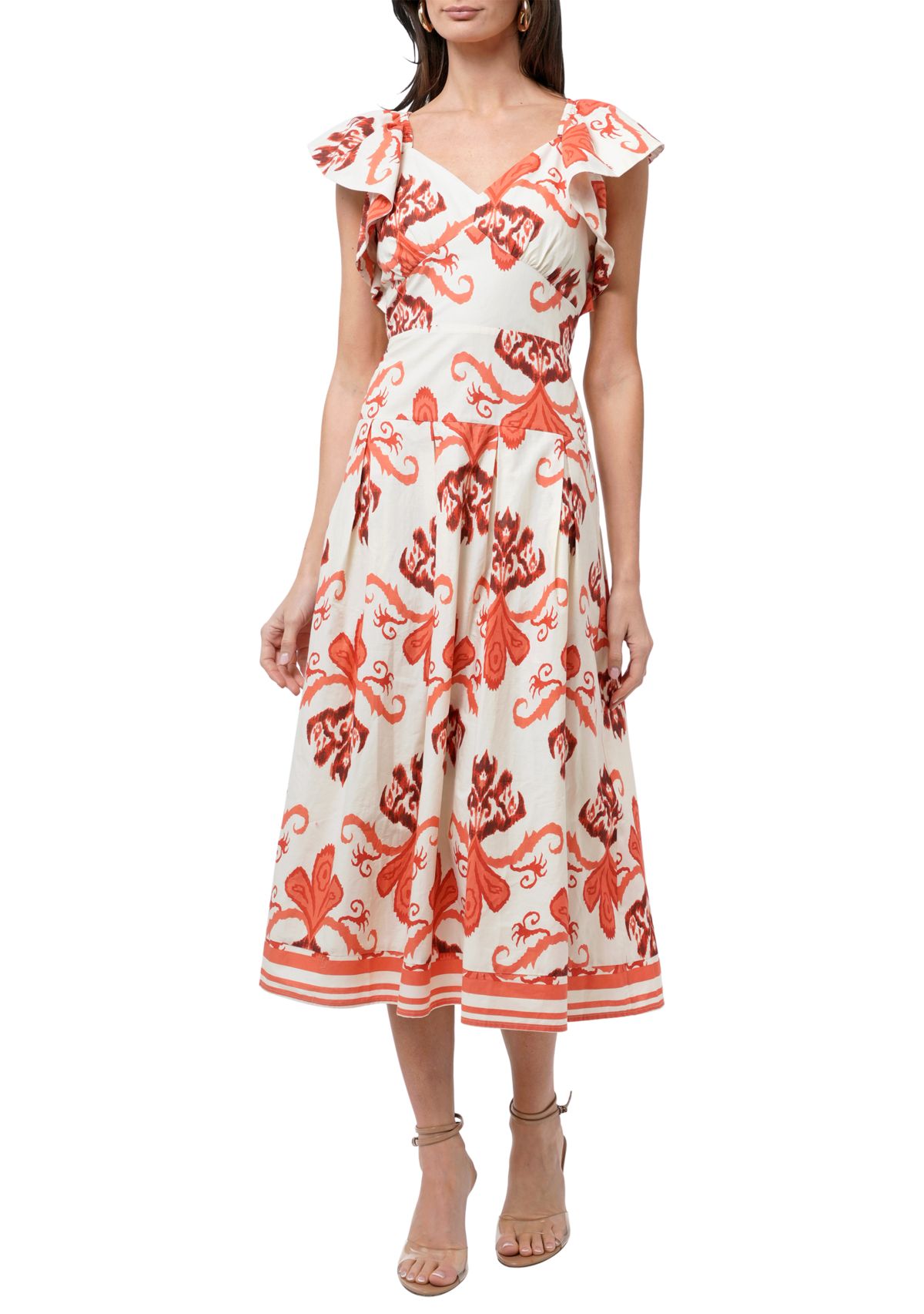 Womens Flutter Sleeve Printed Midi Dress