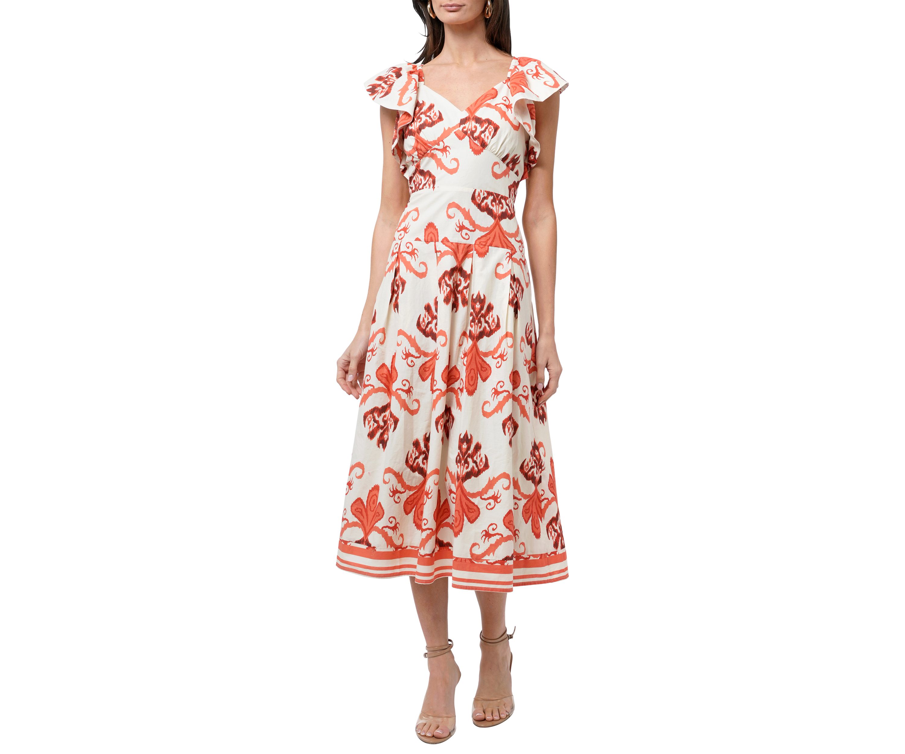 Womens Flutter Sleeve Printed Midi Dress