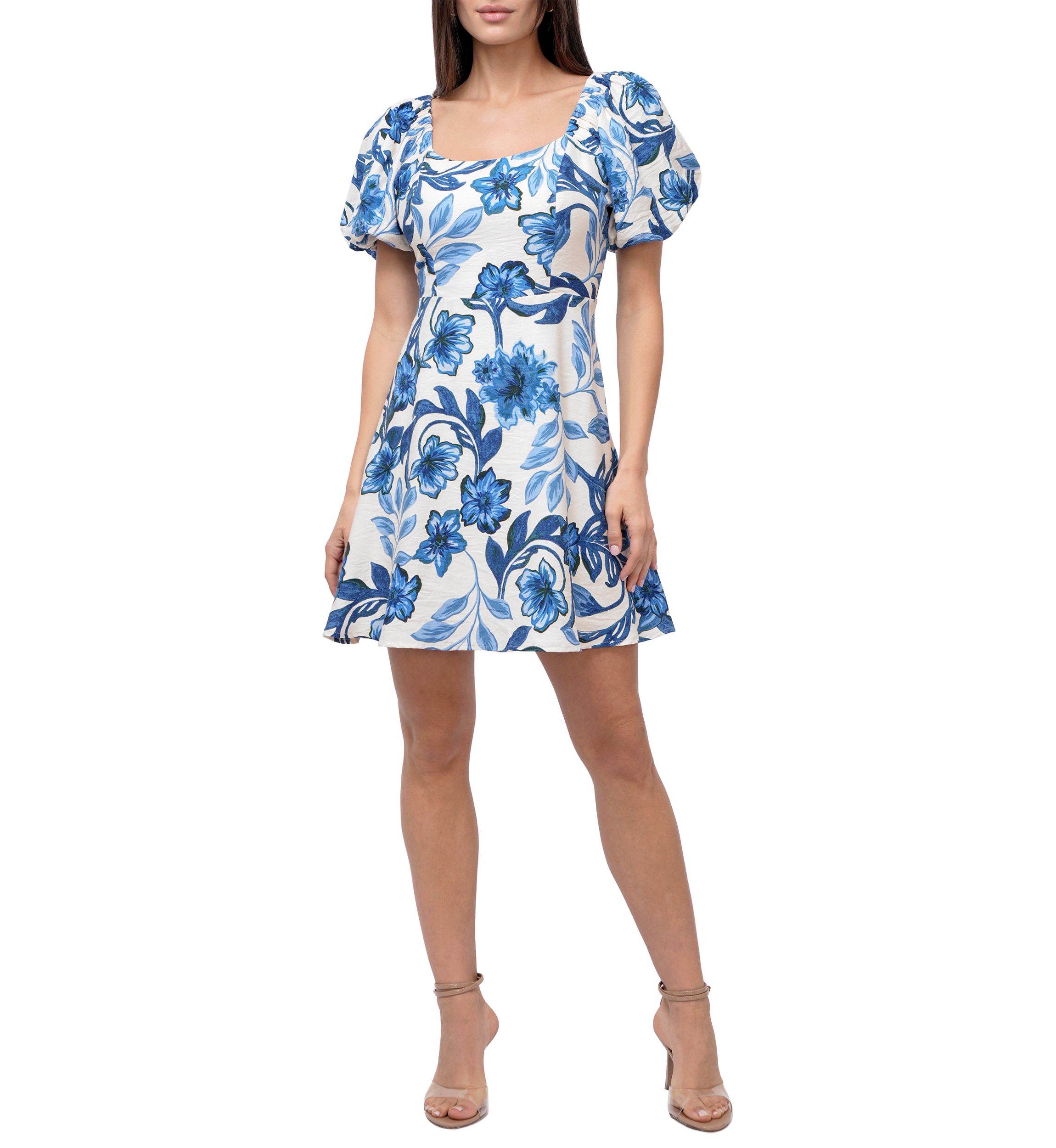 Womens Puff Sleeve Square Neck Printed Mini Dress