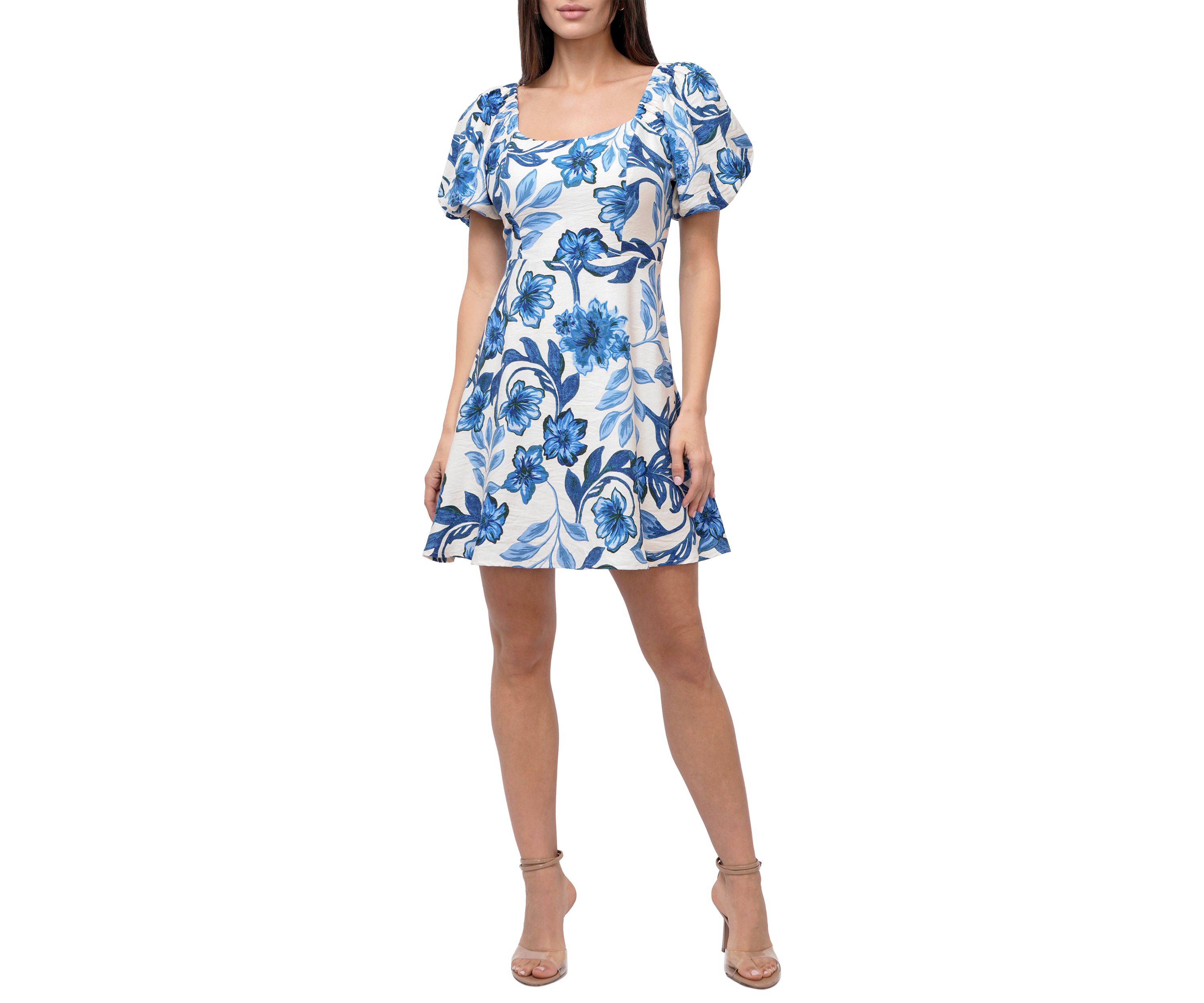 Womens Puff Sleeve Square Neck Printed Mini Dress