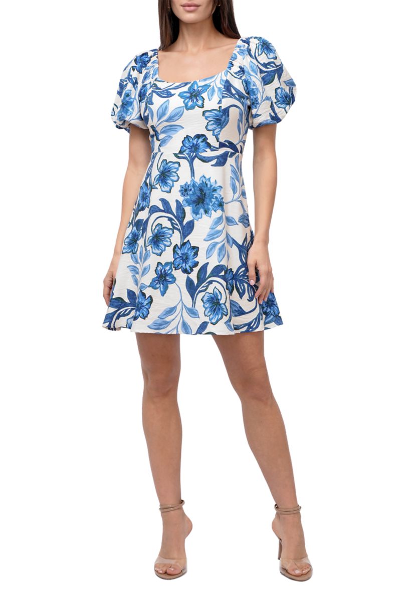 Womens Puff Sleeve Square Neck Printed Mini Dress