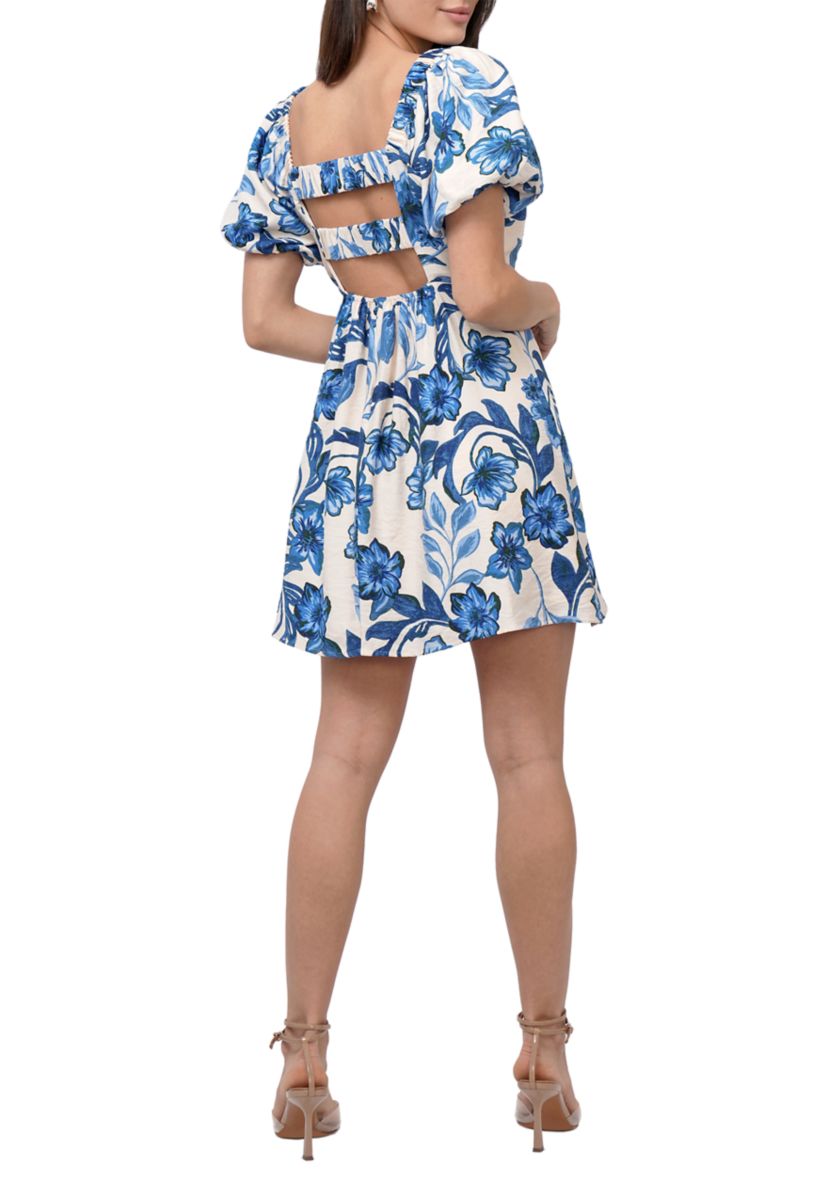 Womens Puff Sleeve Square Neck Printed Mini Dress