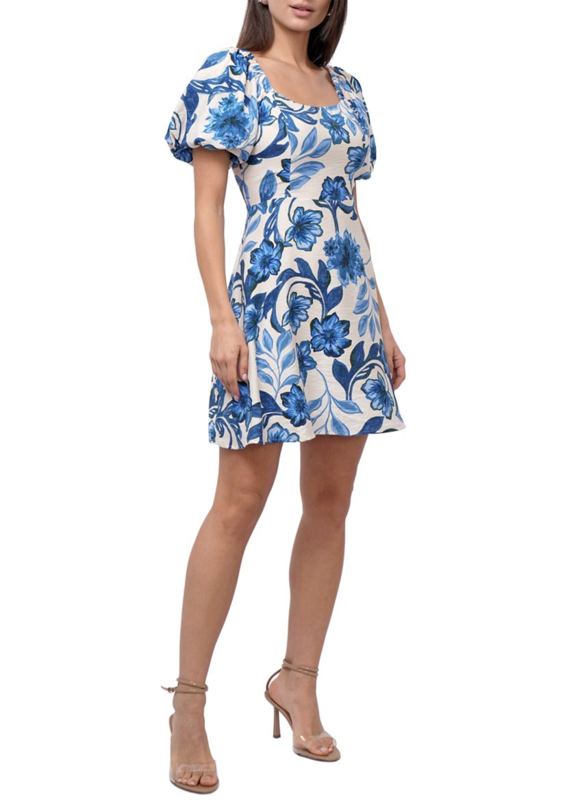Womens Puff Sleeve Square Neck Printed Mini Dress