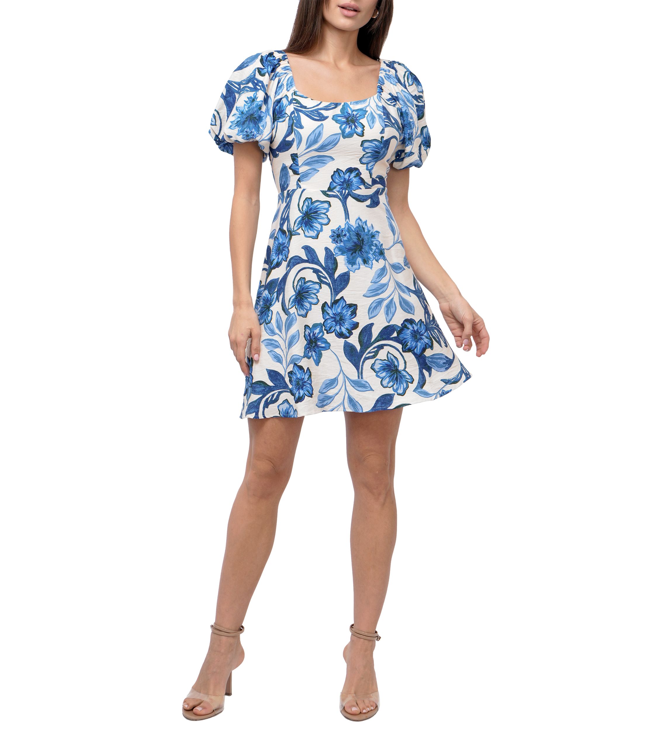 Womens Puff Sleeve Square Neck Printed Mini Dress